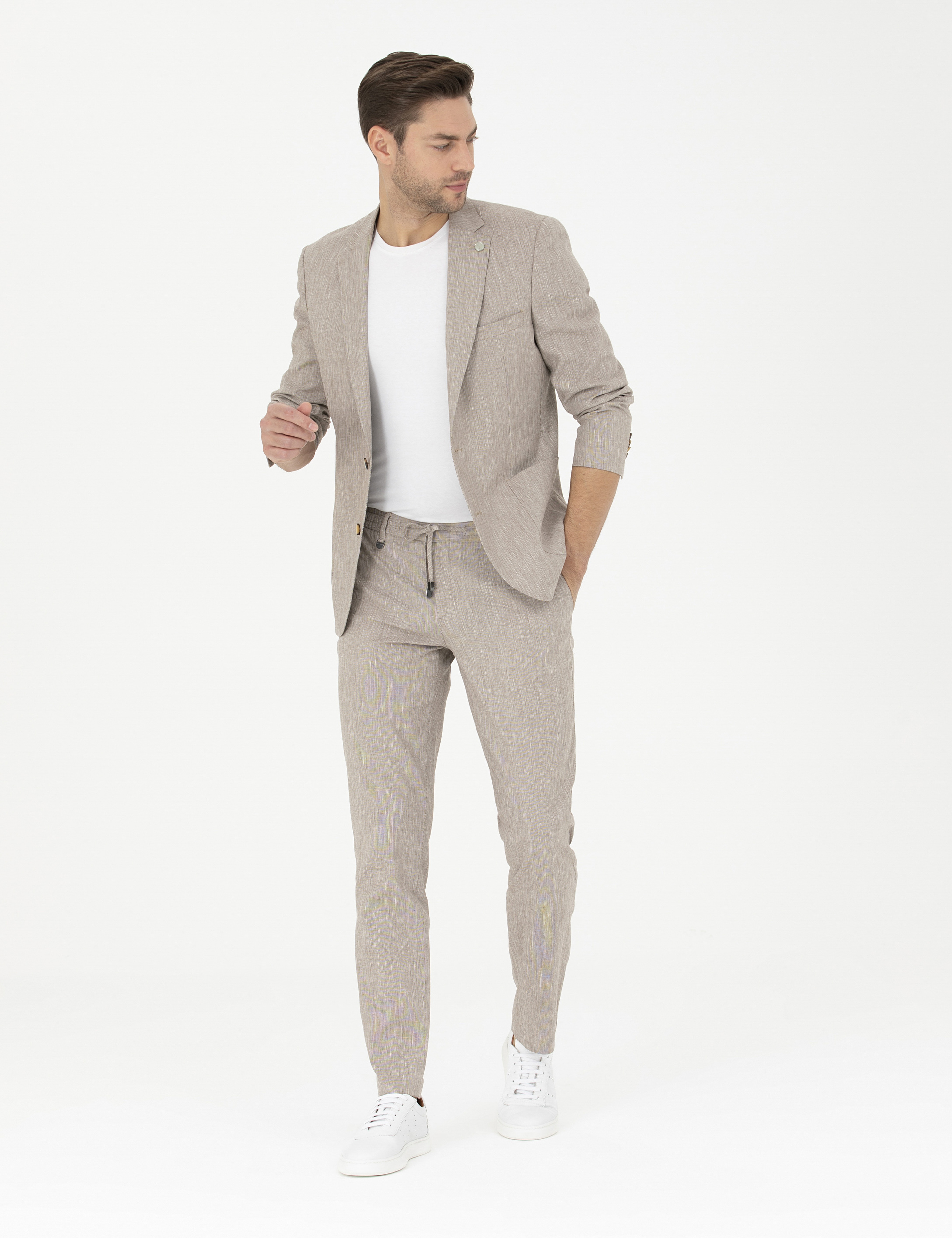 Açık Kahverengi Ex. Slim Fit Keten Karışımlı Kumaş Pantolon
