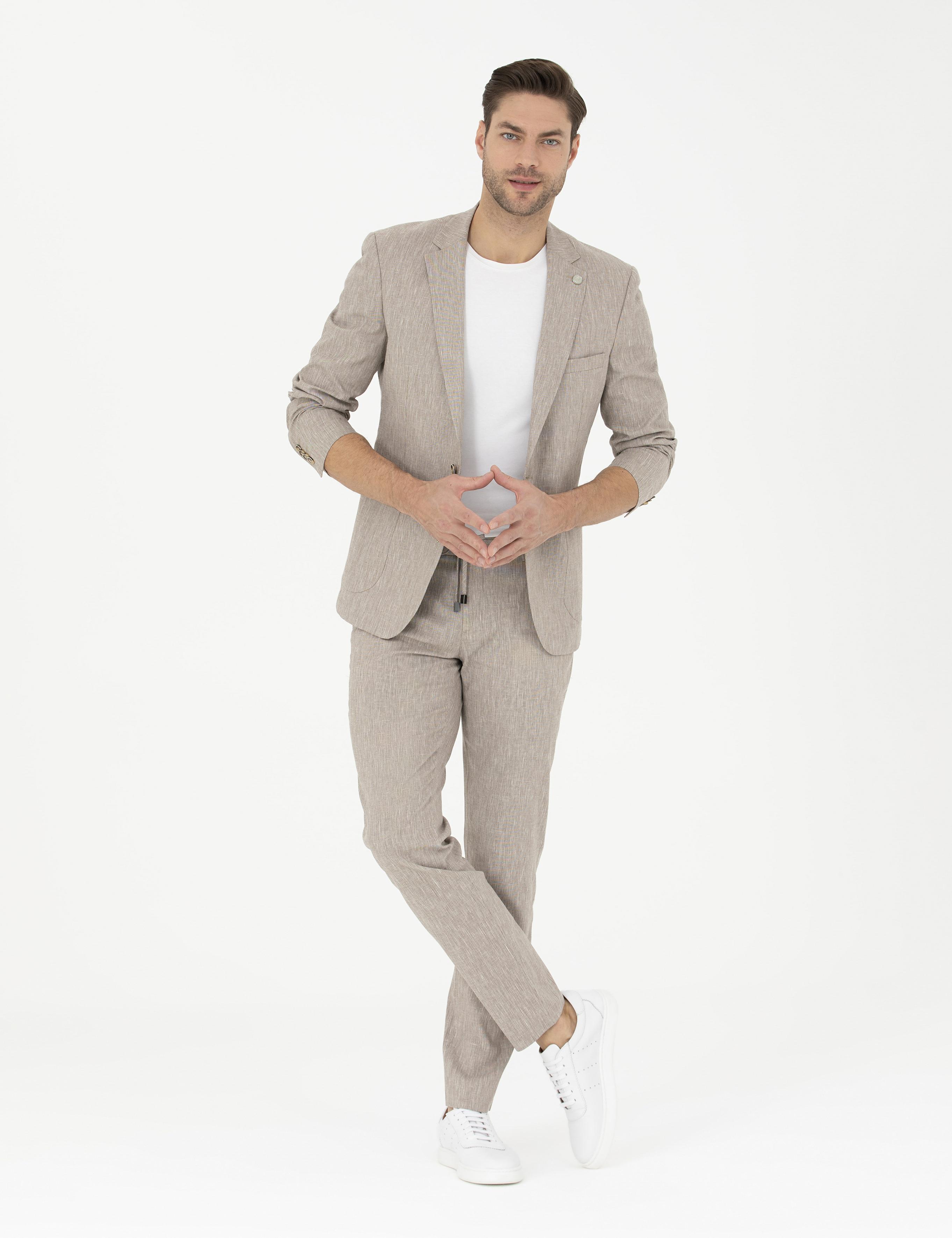 Açık Kahverengi Ex. Slim Fit Keten Karışımlı Kumaş Pantolon