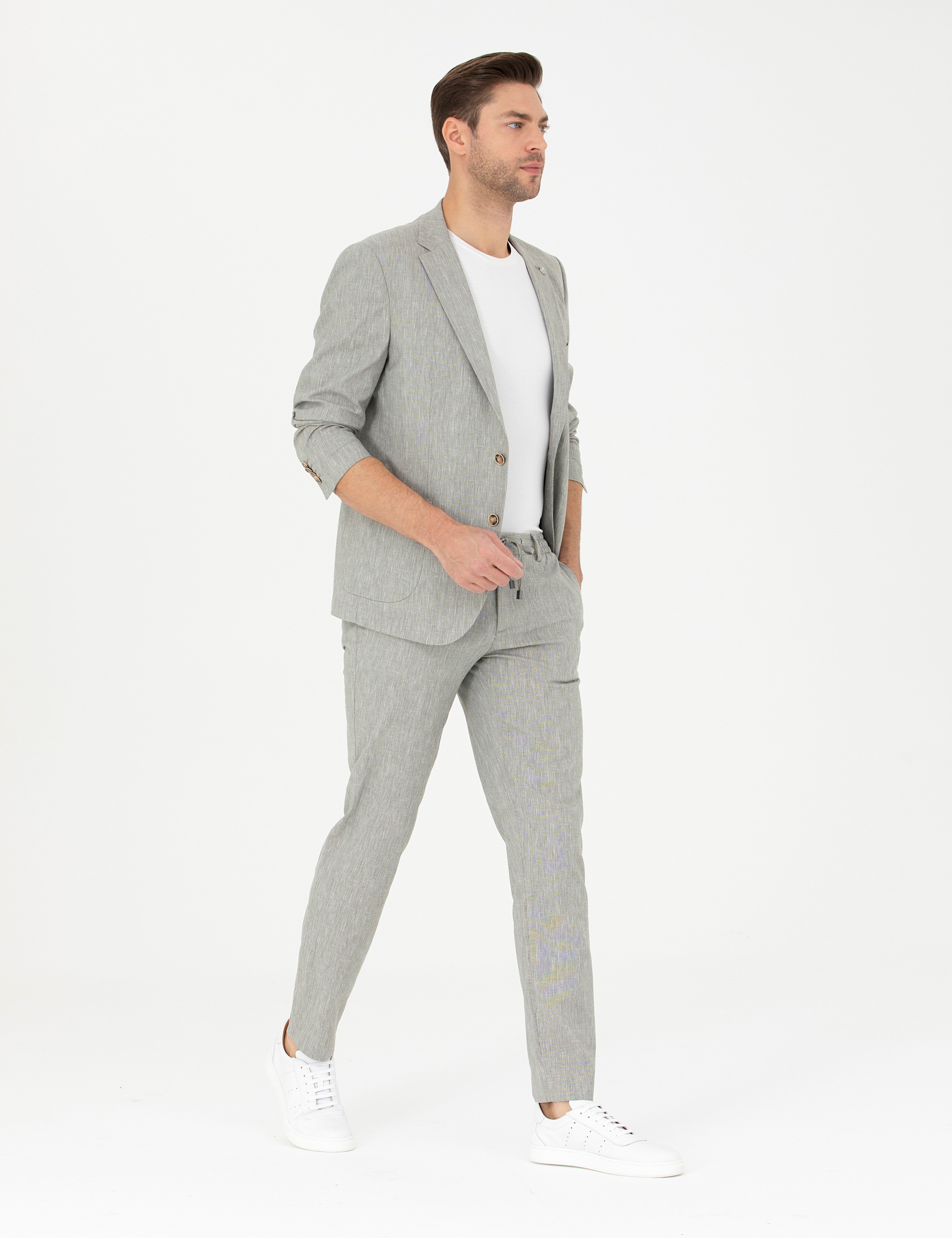 Açık Yeşil Ex. Slim Fit Keten Karışımlı Kumaş Pantolon - Image 1