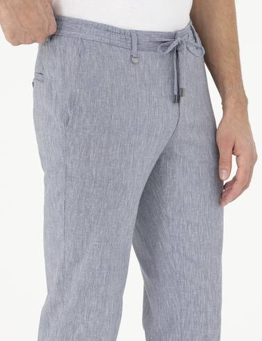 Koyu Mavi Ex. Slim Fit Keten Karışımlı Kumaş Pantolon