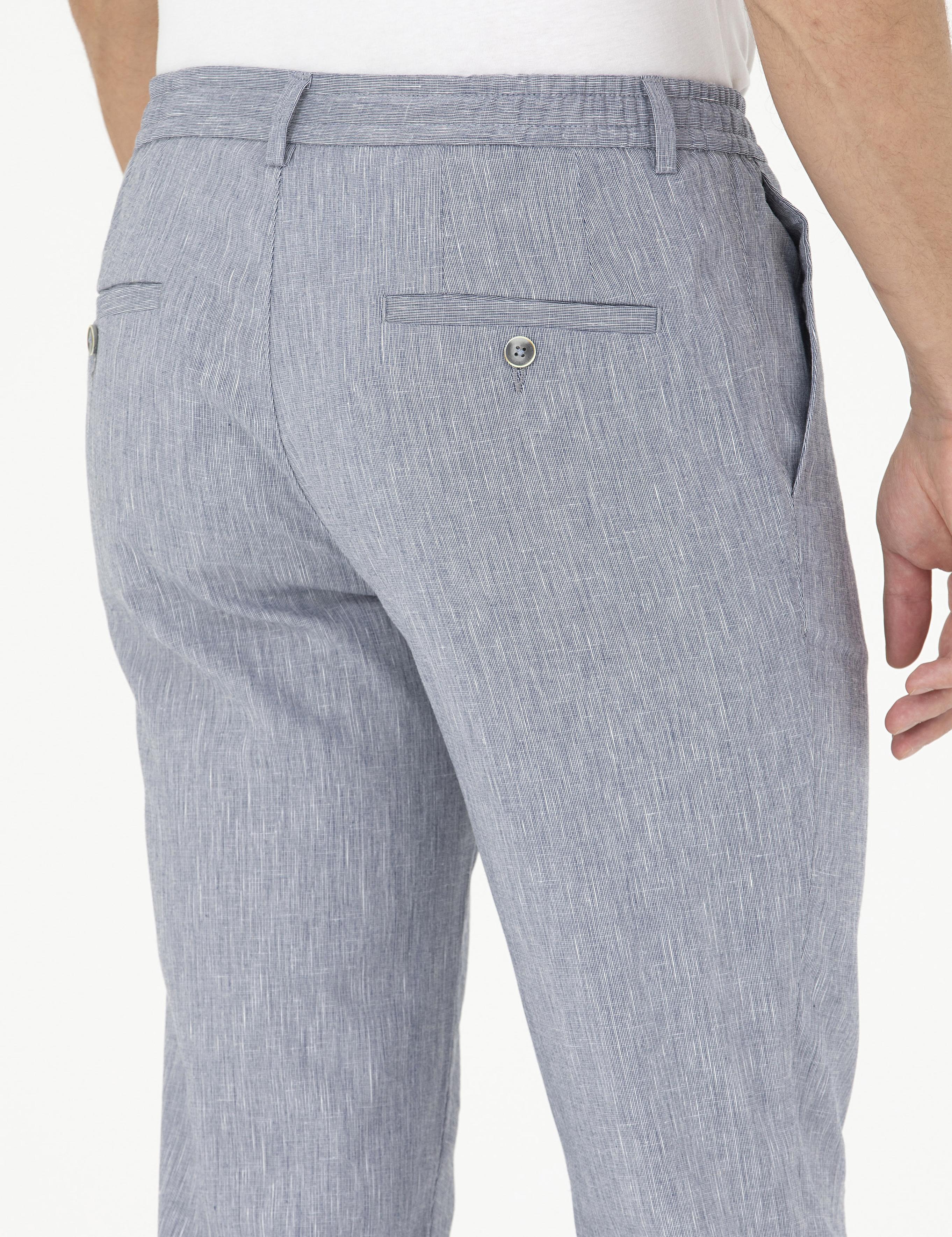 Koyu Mavi Ex. Slim Fit Keten Karışımlı Kumaş Pantolon