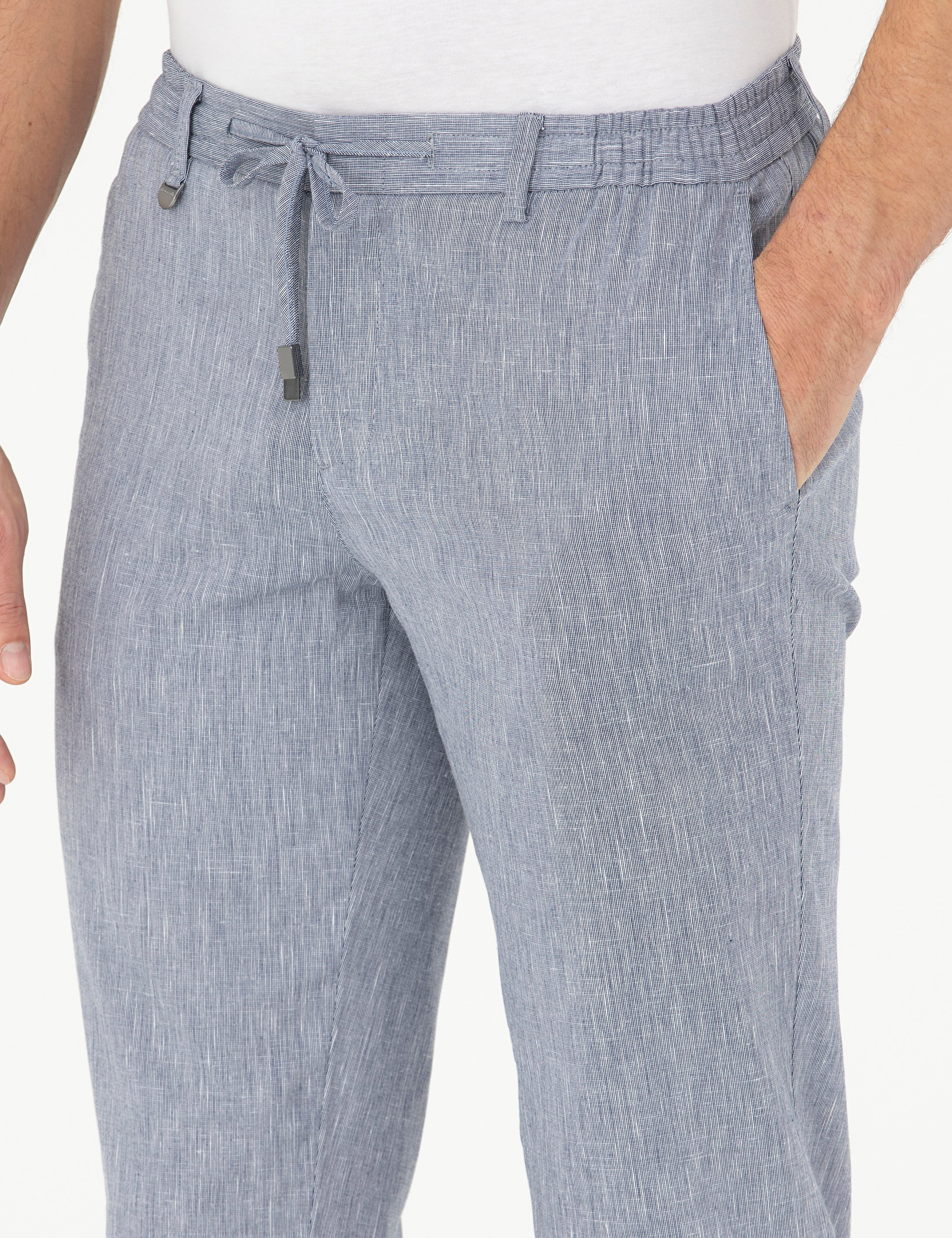 Koyu Mavi Ex. Slim Fit Keten Karışımlı Kumaş Pantolon