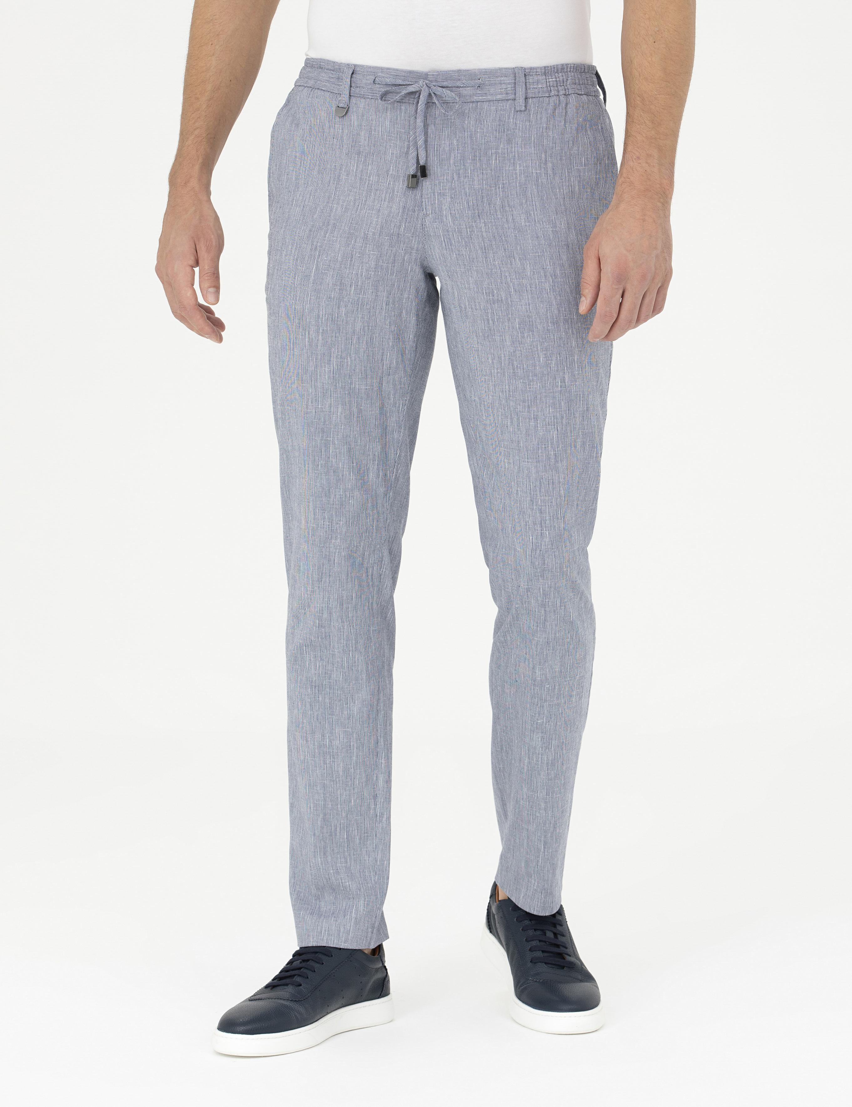 Koyu Mavi Ex. Slim Fit Keten Karışımlı Kumaş Pantolon