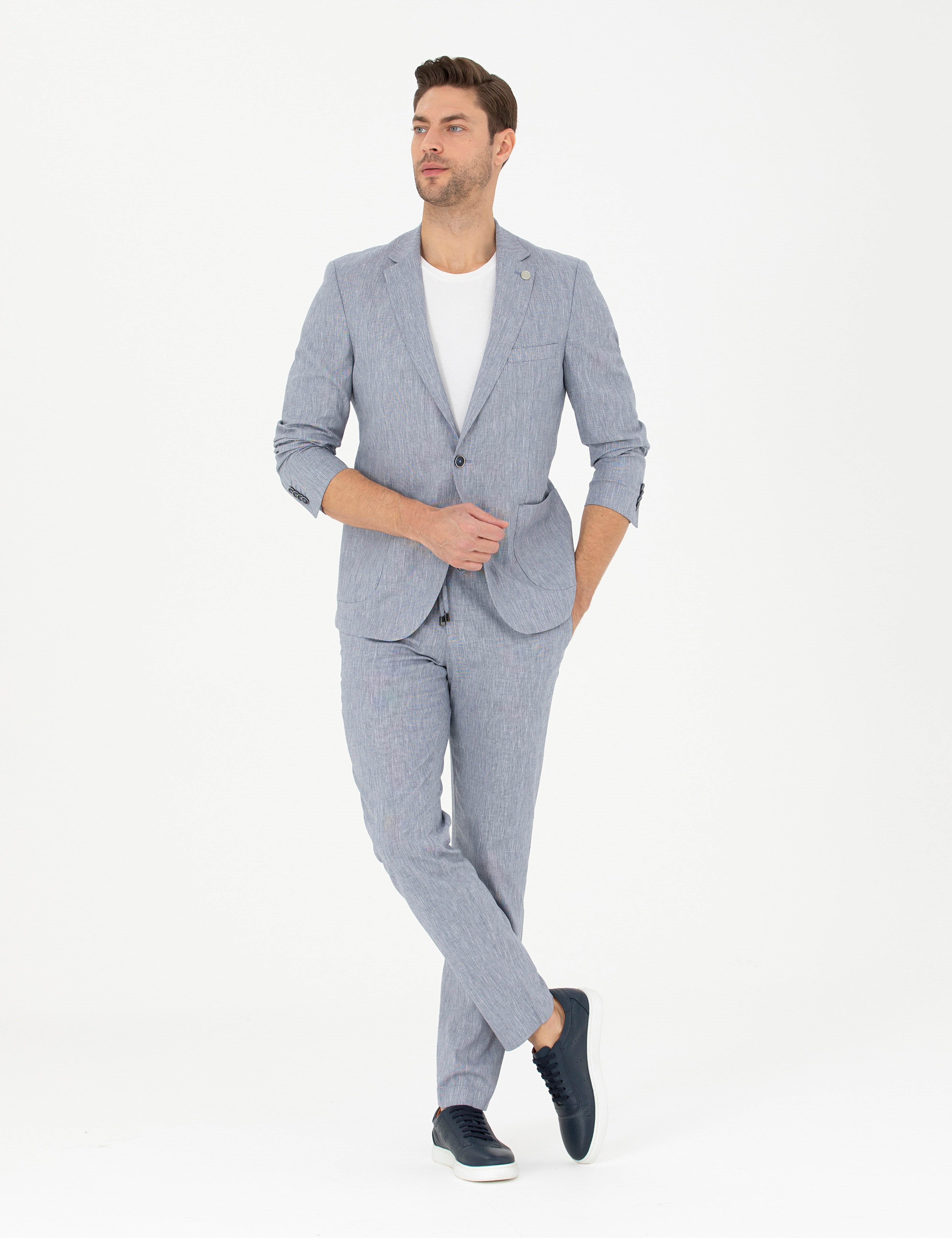 Koyu Mavi Ex. Slim Fit Keten Karışımlı Kumaş Pantolon - Image 3