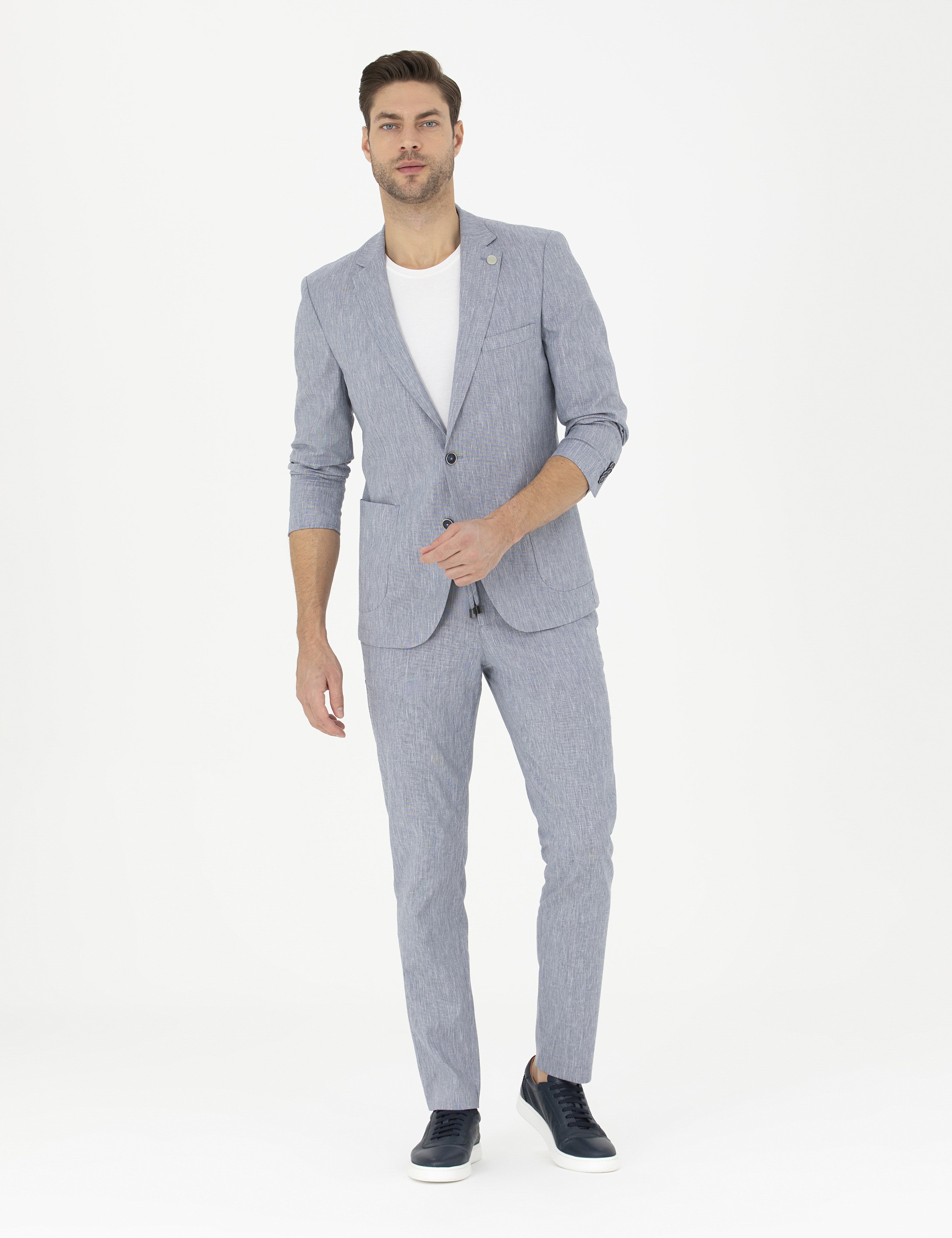 Koyu Mavi Ex. Slim Fit Keten Karışımlı Kumaş Pantolon - Image 1