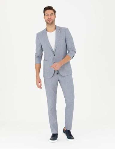 Koyu Mavi Ex. Slim Fit Keten Karışımlı Kumaş Pantolon