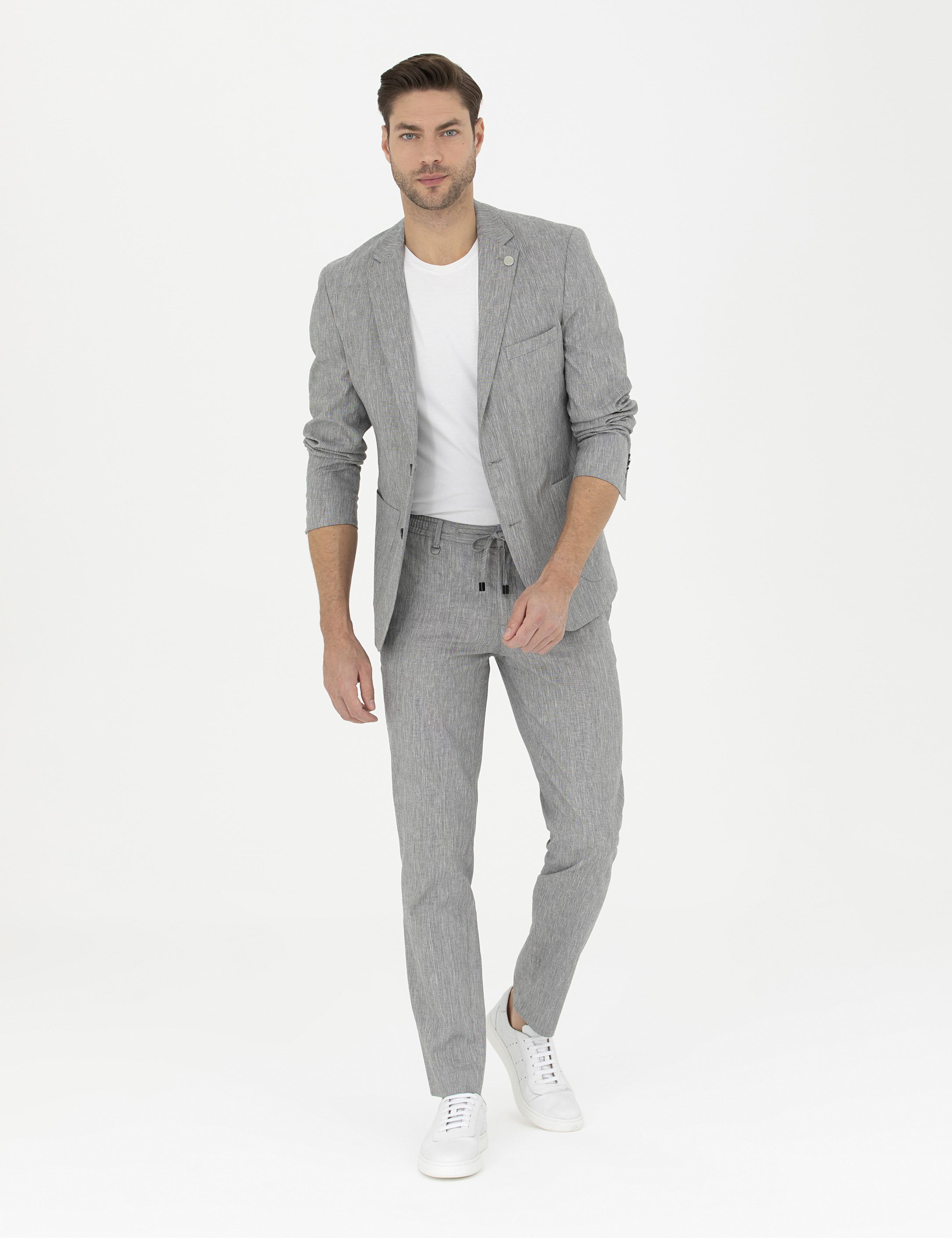 Gri Ex. Slim Fit Keten Karışımlı Kumaş Pantolon