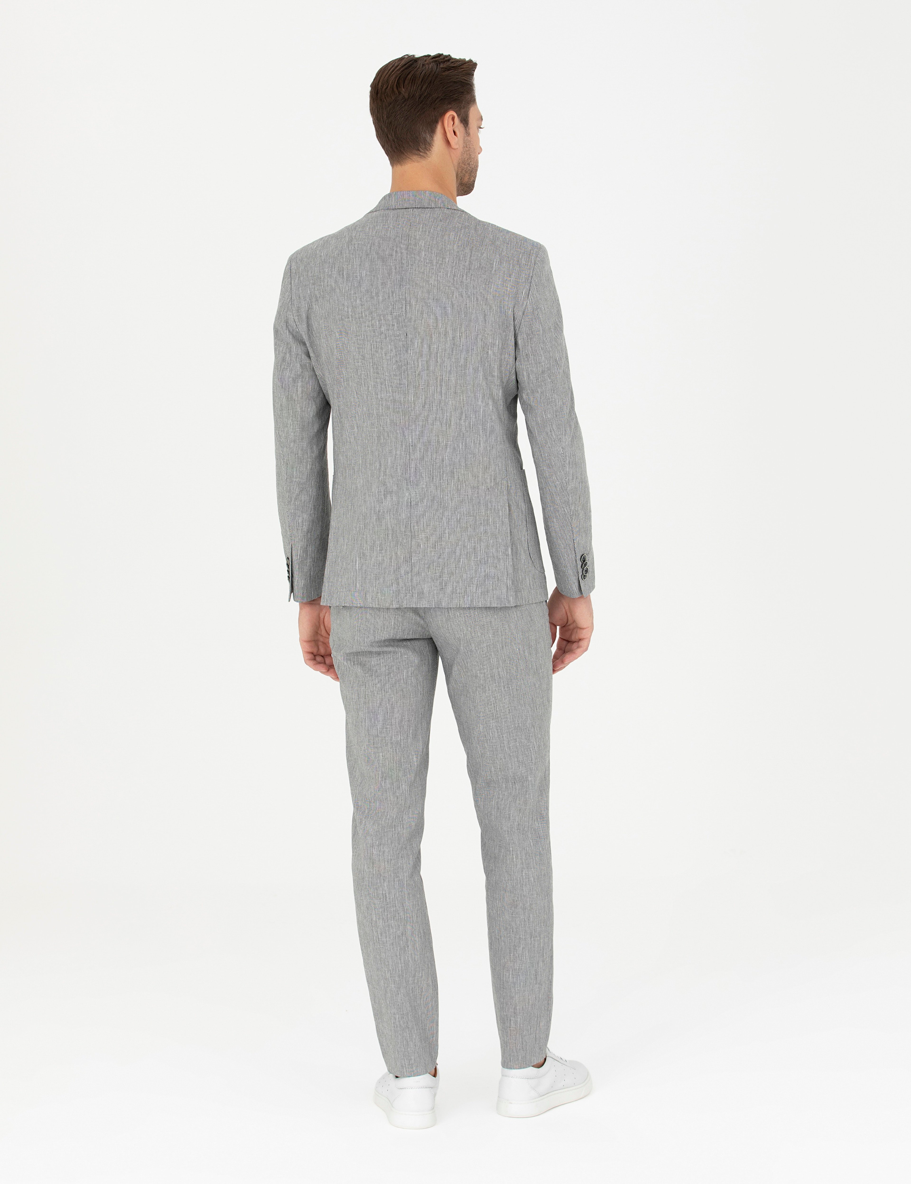 Gri Ex. Slim Fit Keten Karışımlı Kumaş Pantolon - Image 4