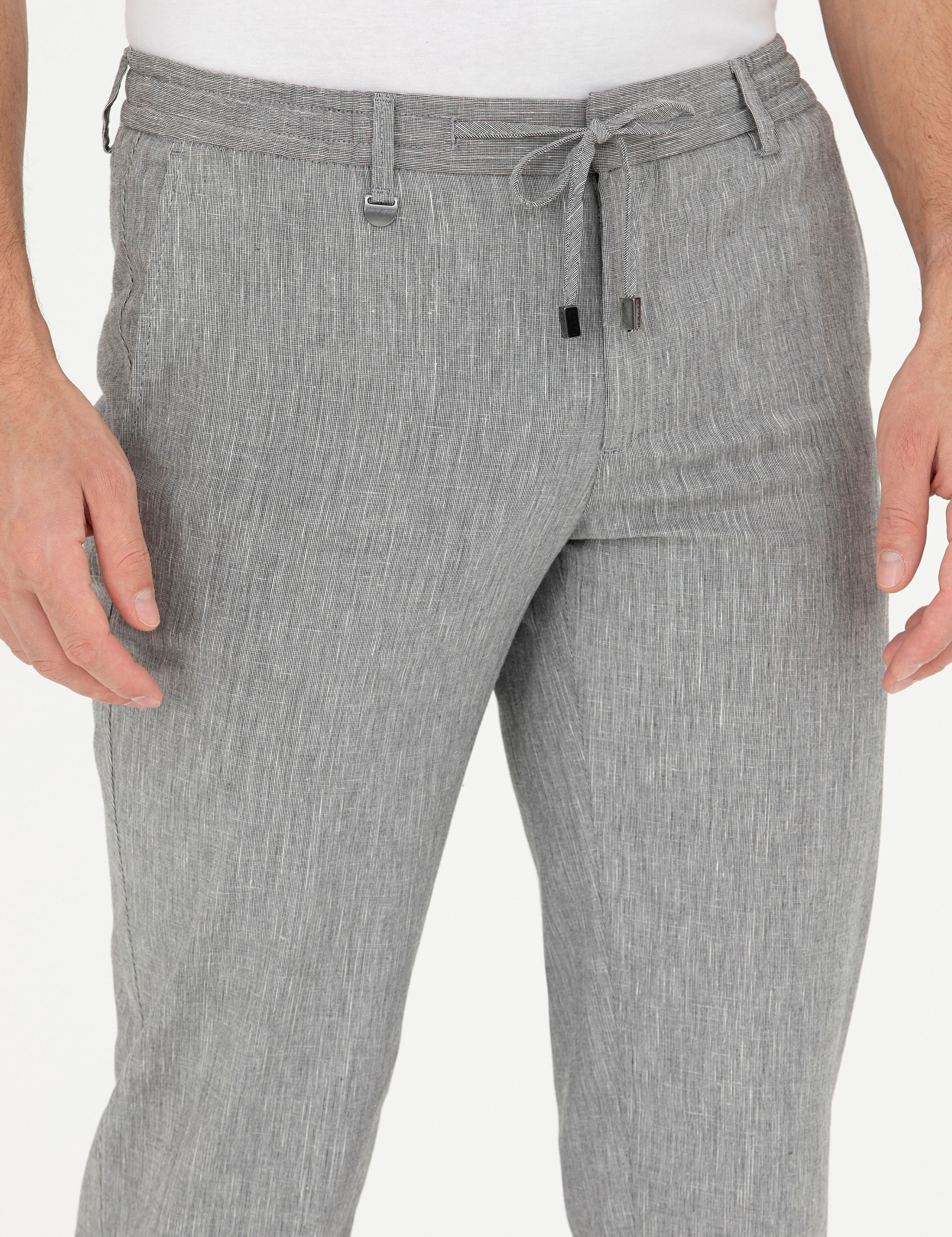 Gri Ex. Slim Fit Keten Karışımlı Kumaş Pantolon - Image 5