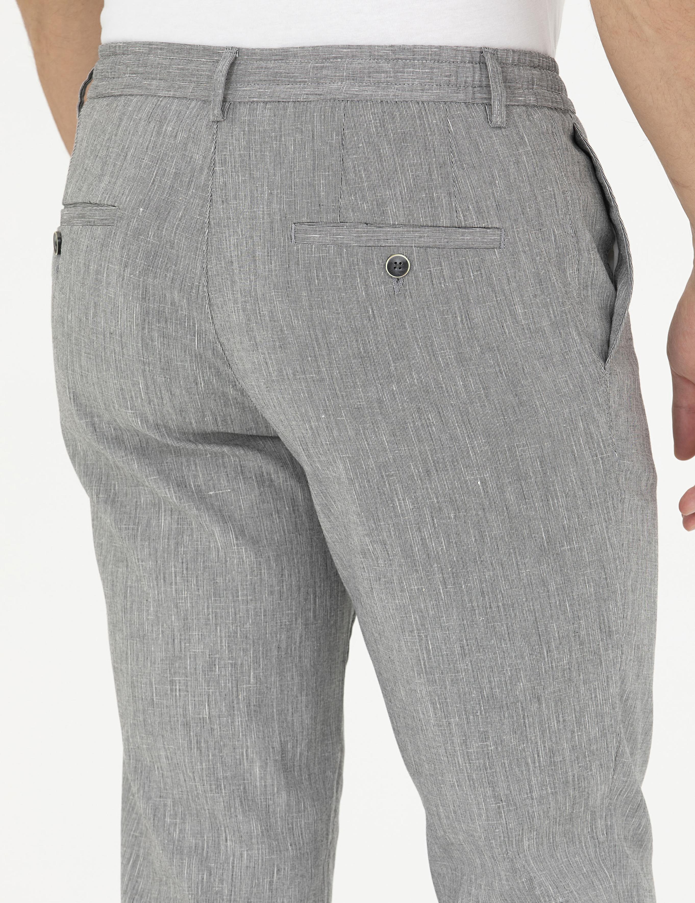 Gri Ex. Slim Fit Keten Karışımlı Kumaş Pantolon