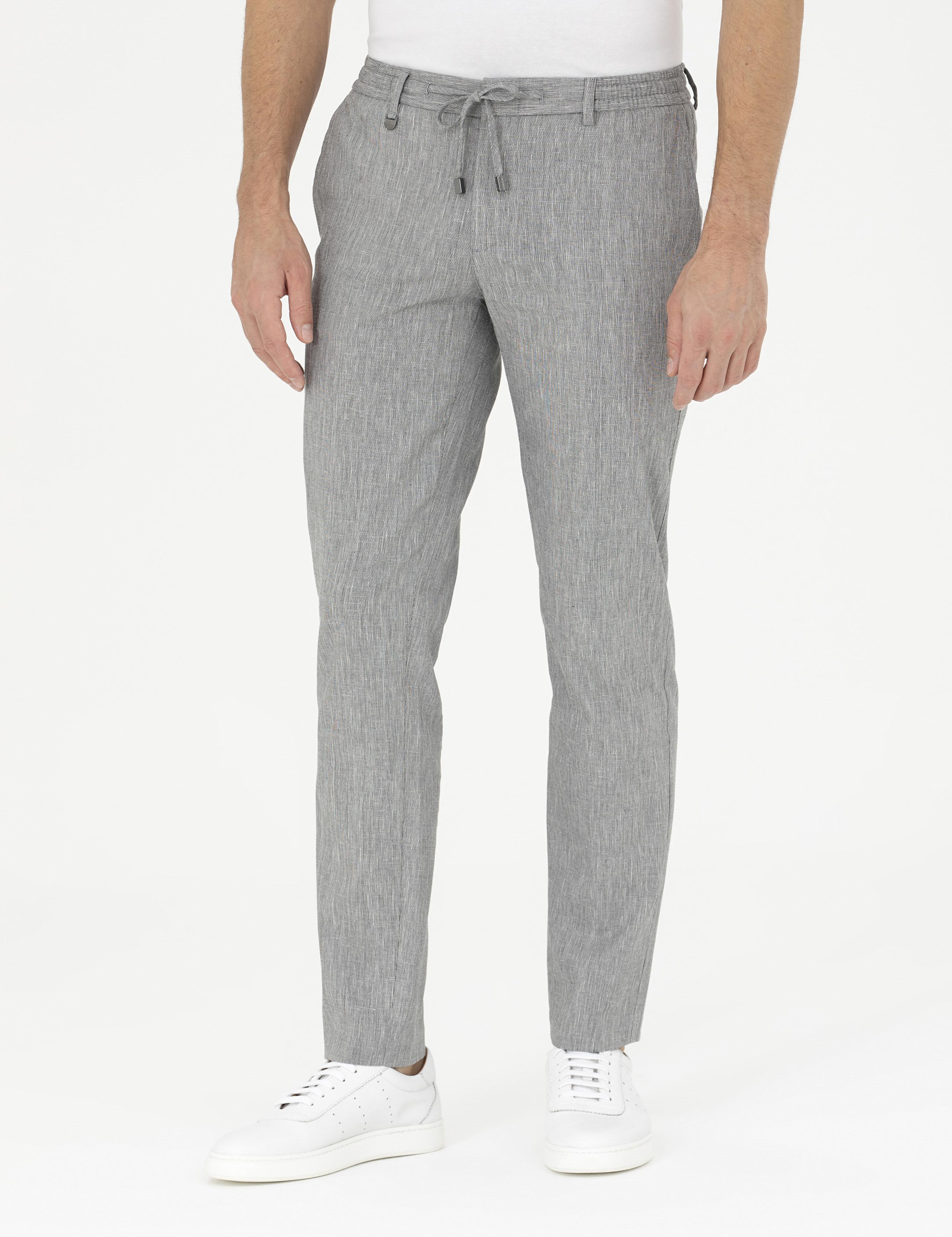 Gri Ex. Slim Fit Keten Karışımlı Kumaş Pantolon