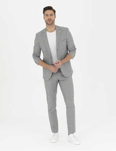 Gri Ex. Slim Fit Keten Karışımlı Kumaş Pantolon