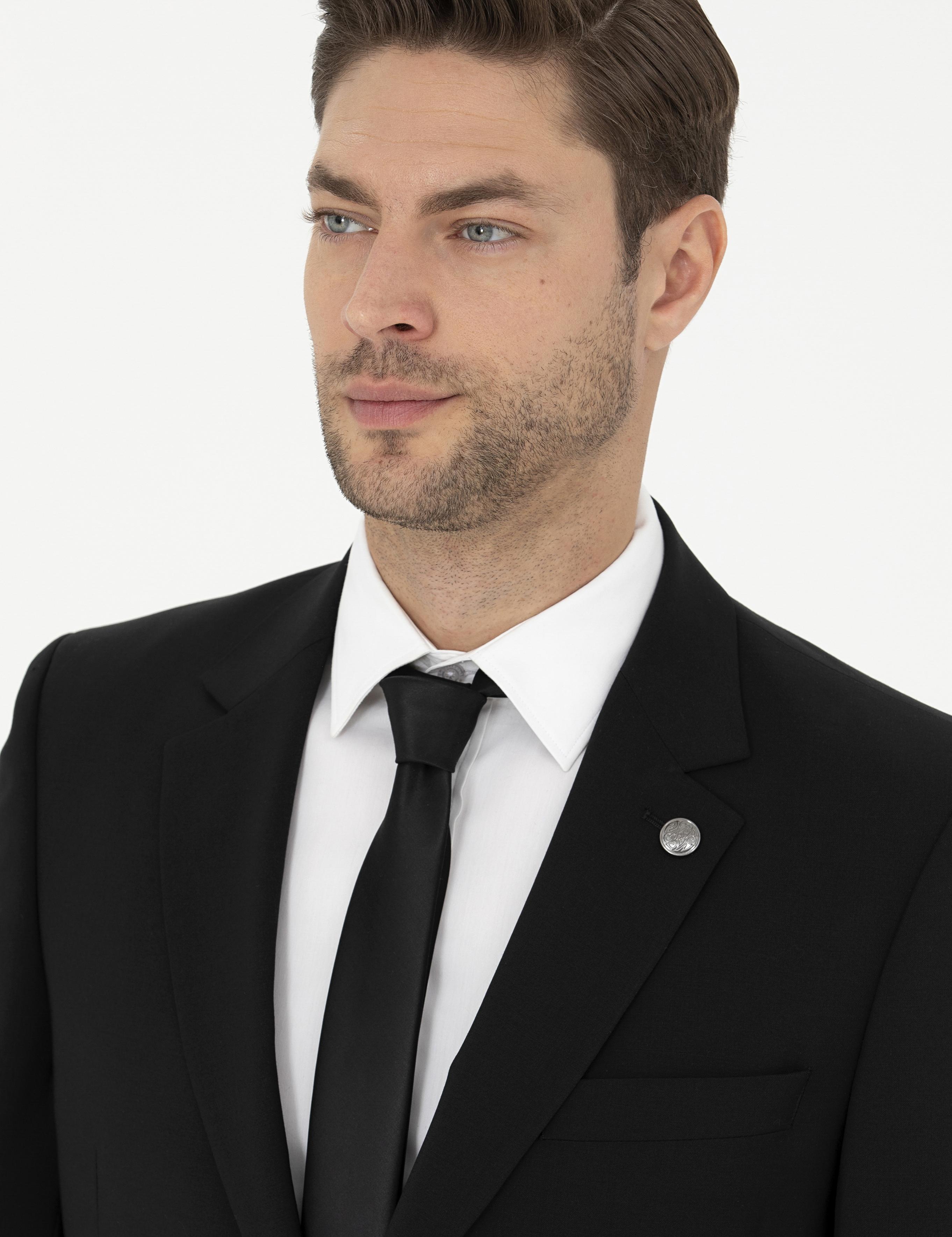 Siyah Slim Fit Yün Takım Elbise