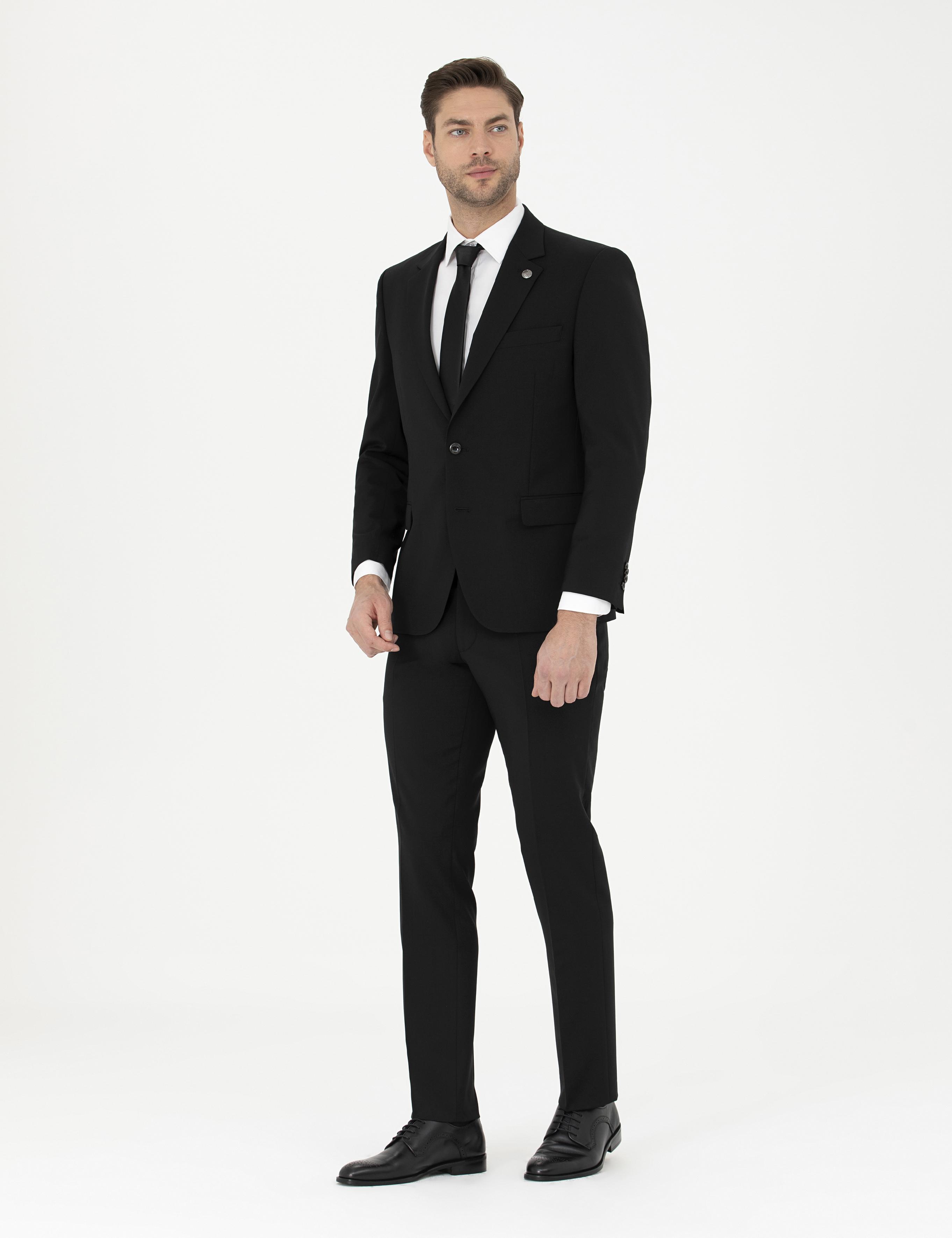 Siyah Slim Fit Yün Takım Elbise