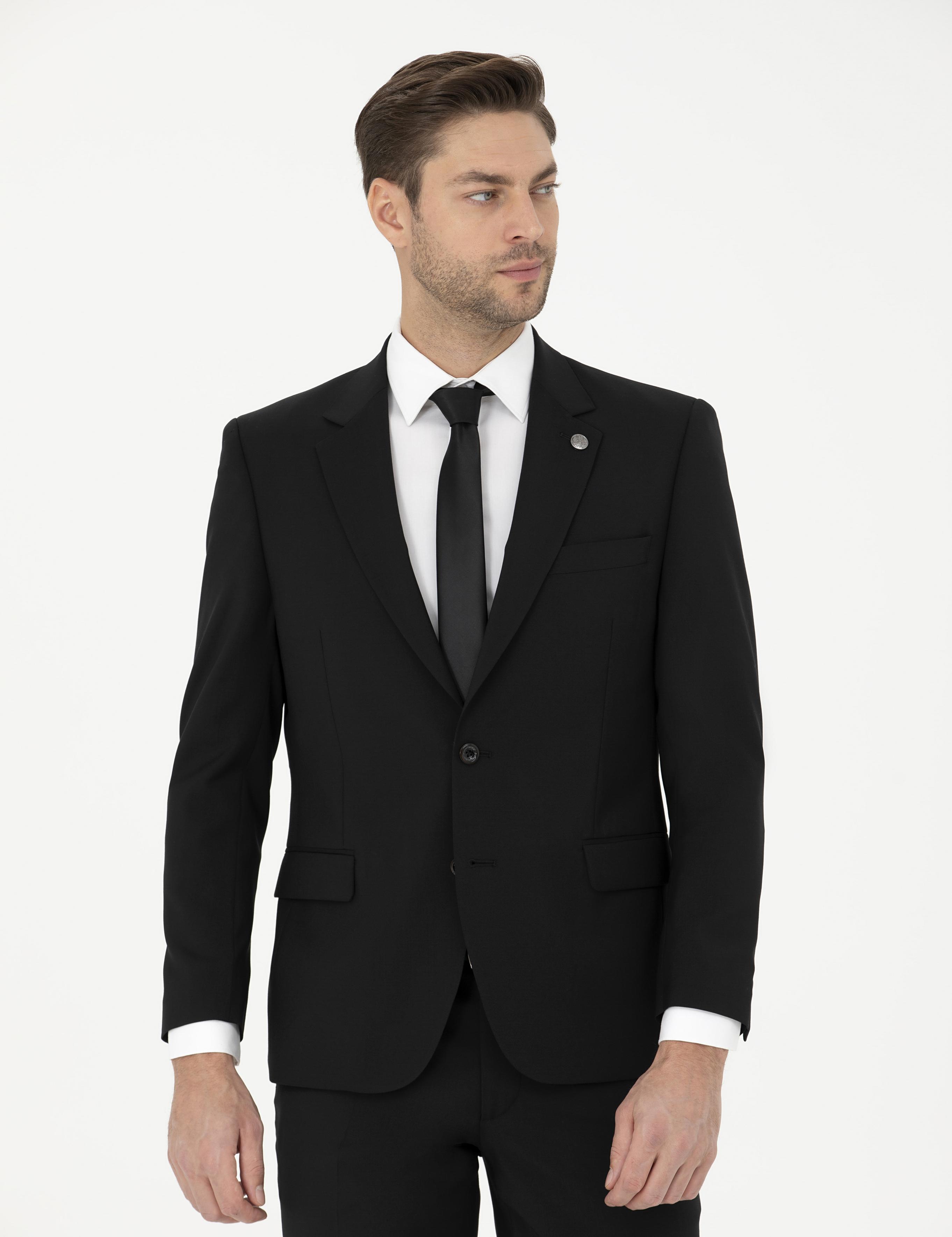 Siyah Slim Fit Yün Takım Elbise