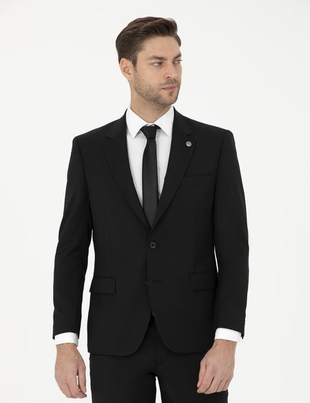 Siyah Slim Fit Yün Takım Elbise - 50285253017