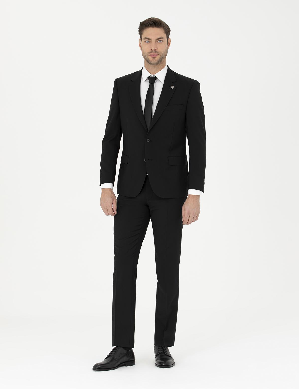 Siyah Slim Fit Yün Takım Elbise