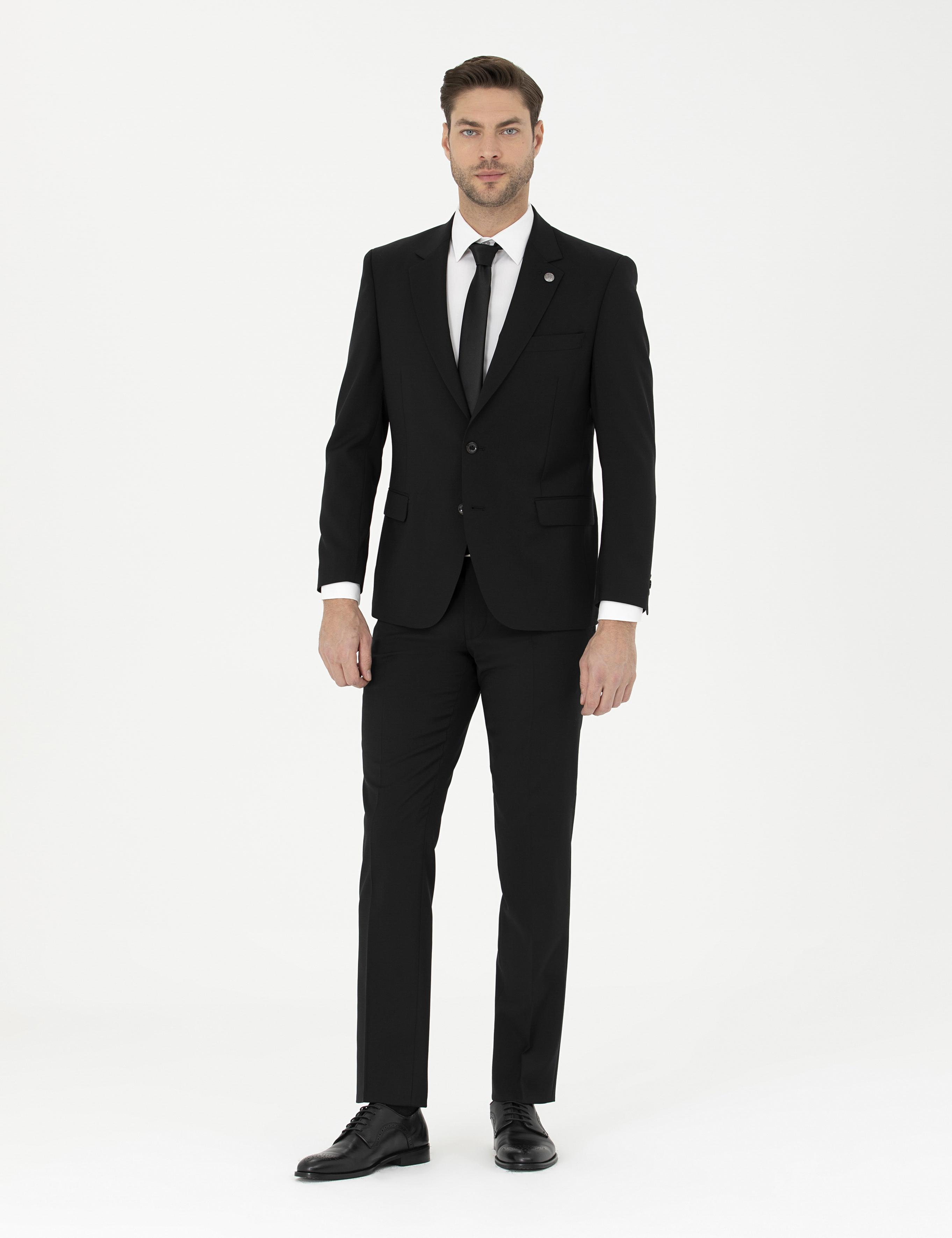 Siyah Slim Fit Yün Takım Elbise