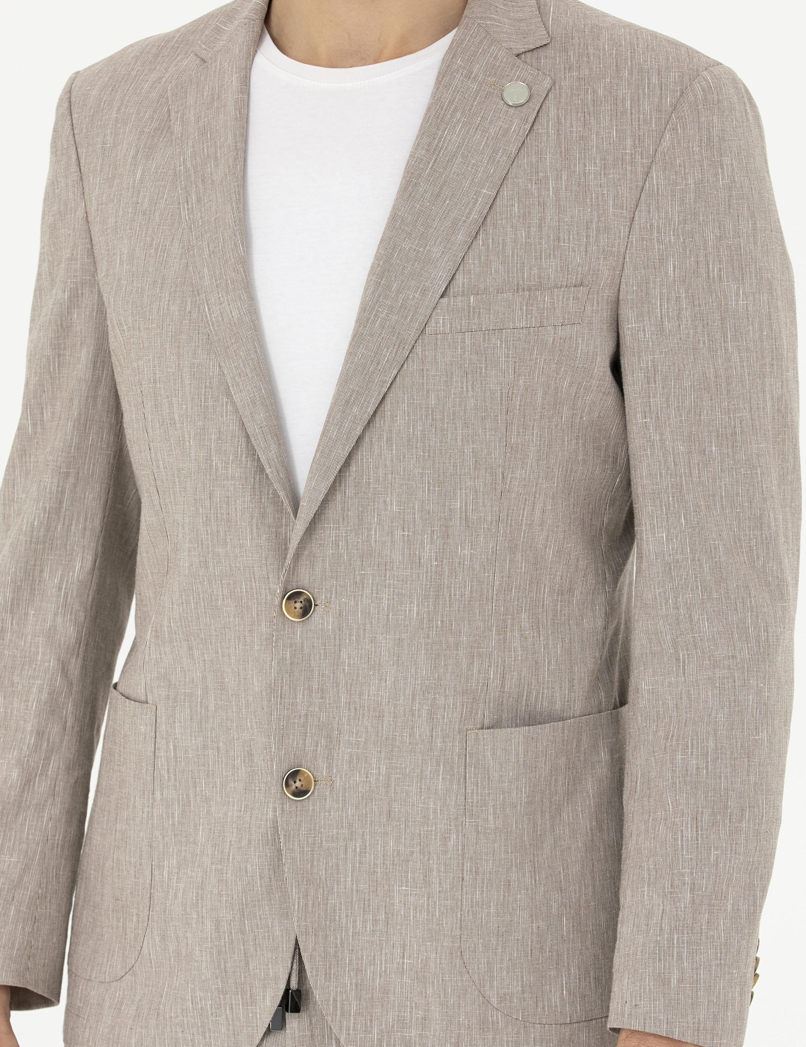 Açık Kahverengi Ex. Slim Fit Keten Karışımlı Ceket