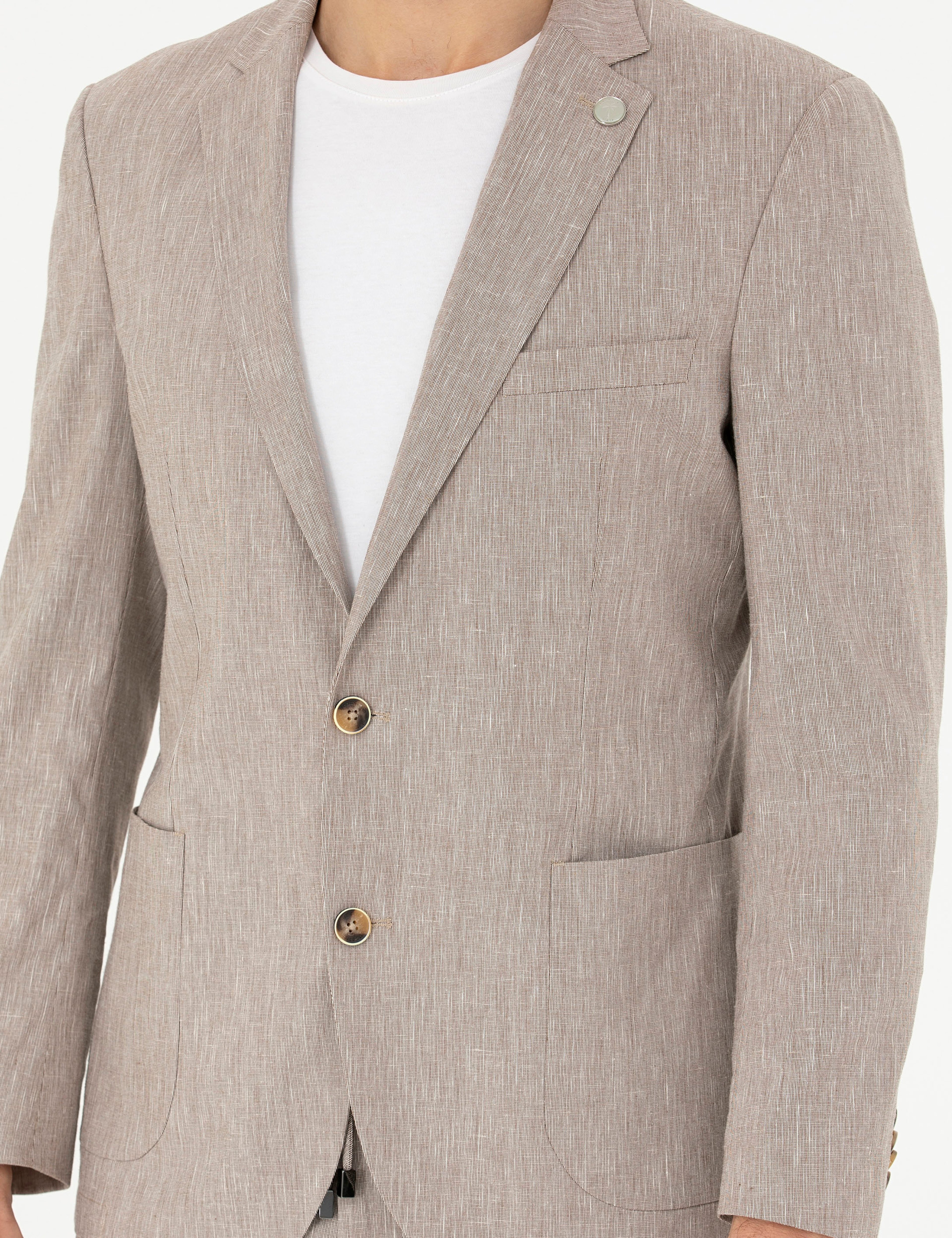Açık Kahverengi Ex. Slim Fit Keten Karışımlı Ceket