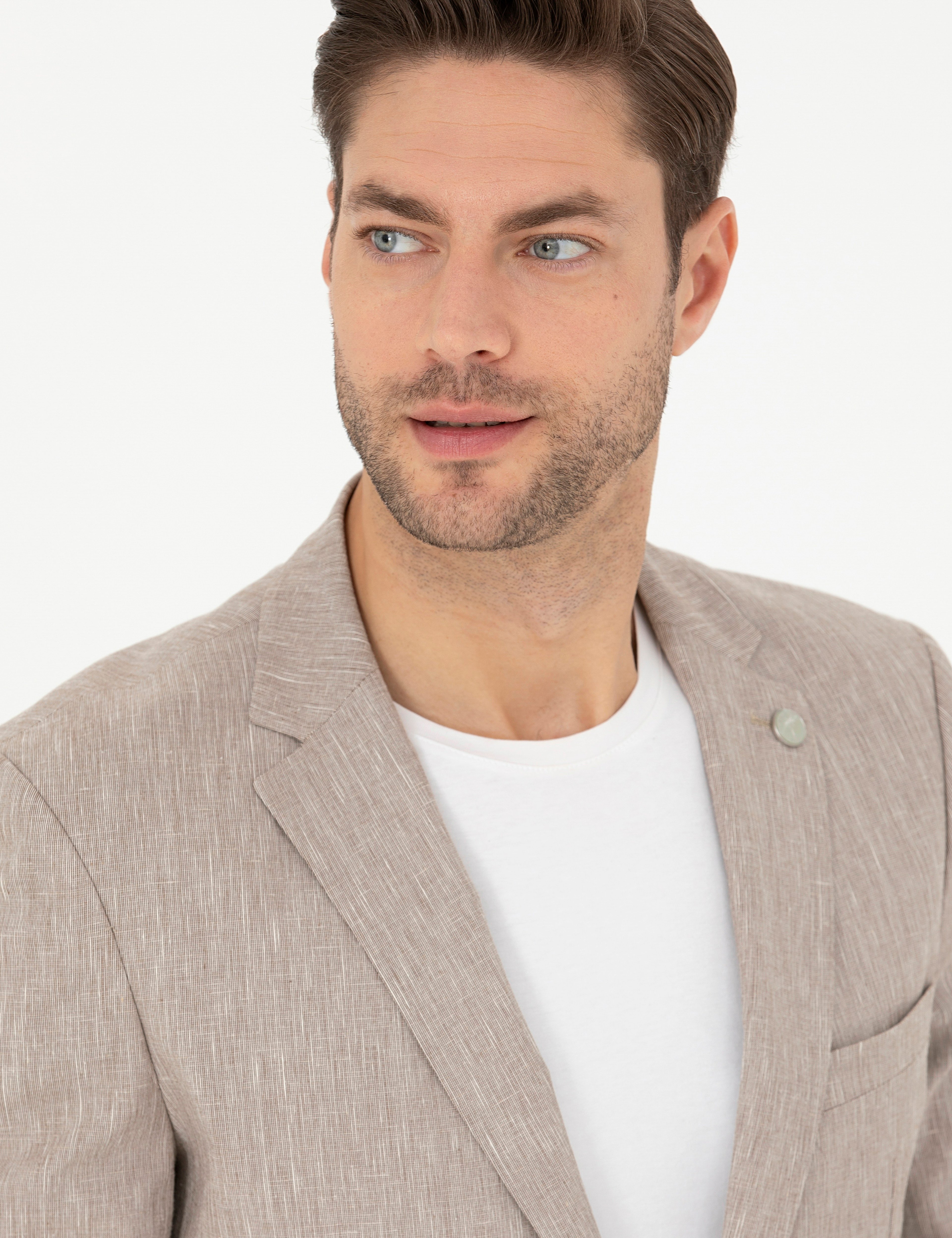 Açık Kahverengi Ex. Slim Fit Keten Karışımlı Ceket