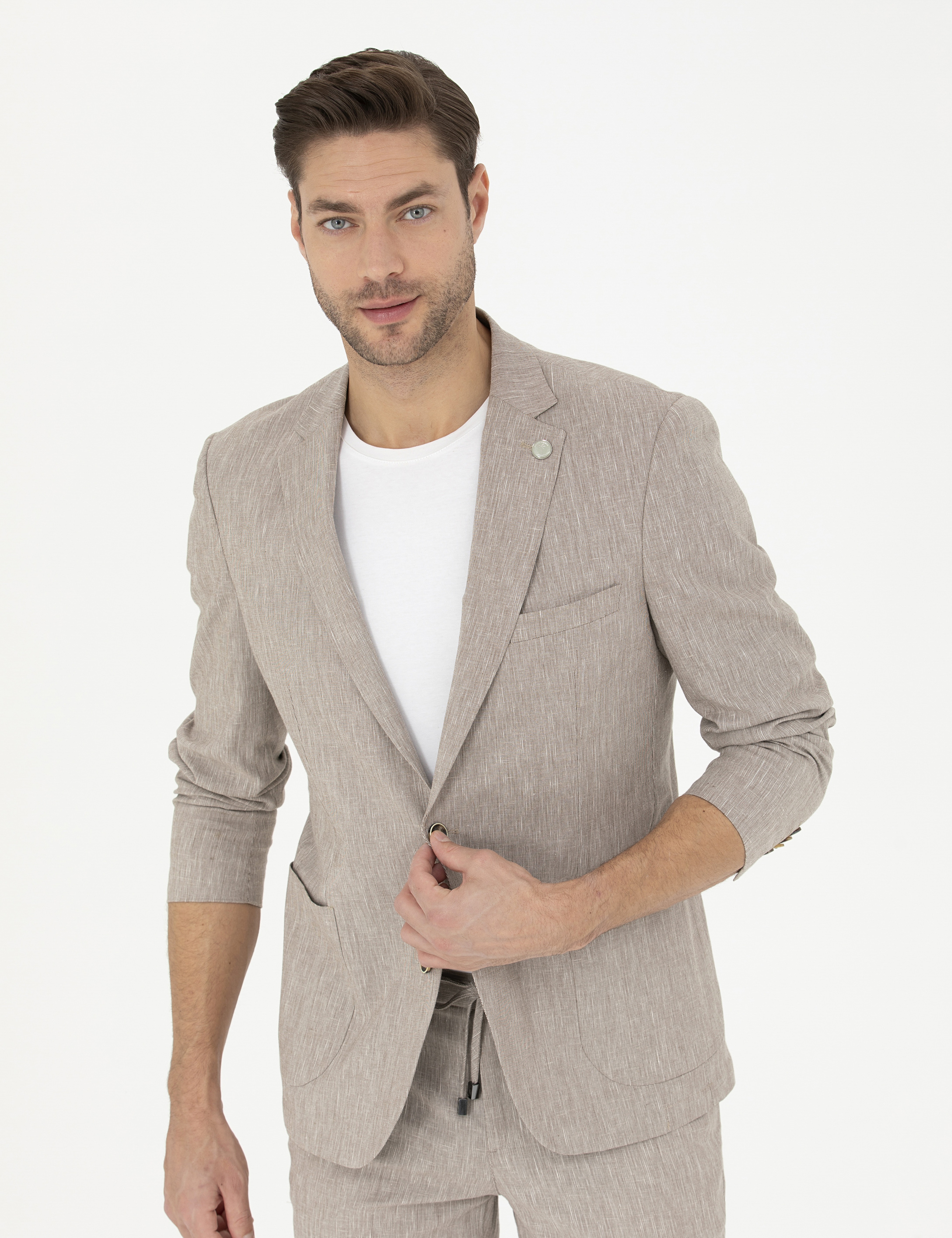 Açık Kahverengi Ex. Slim Fit Keten Karışımlı Ceket - Image 3