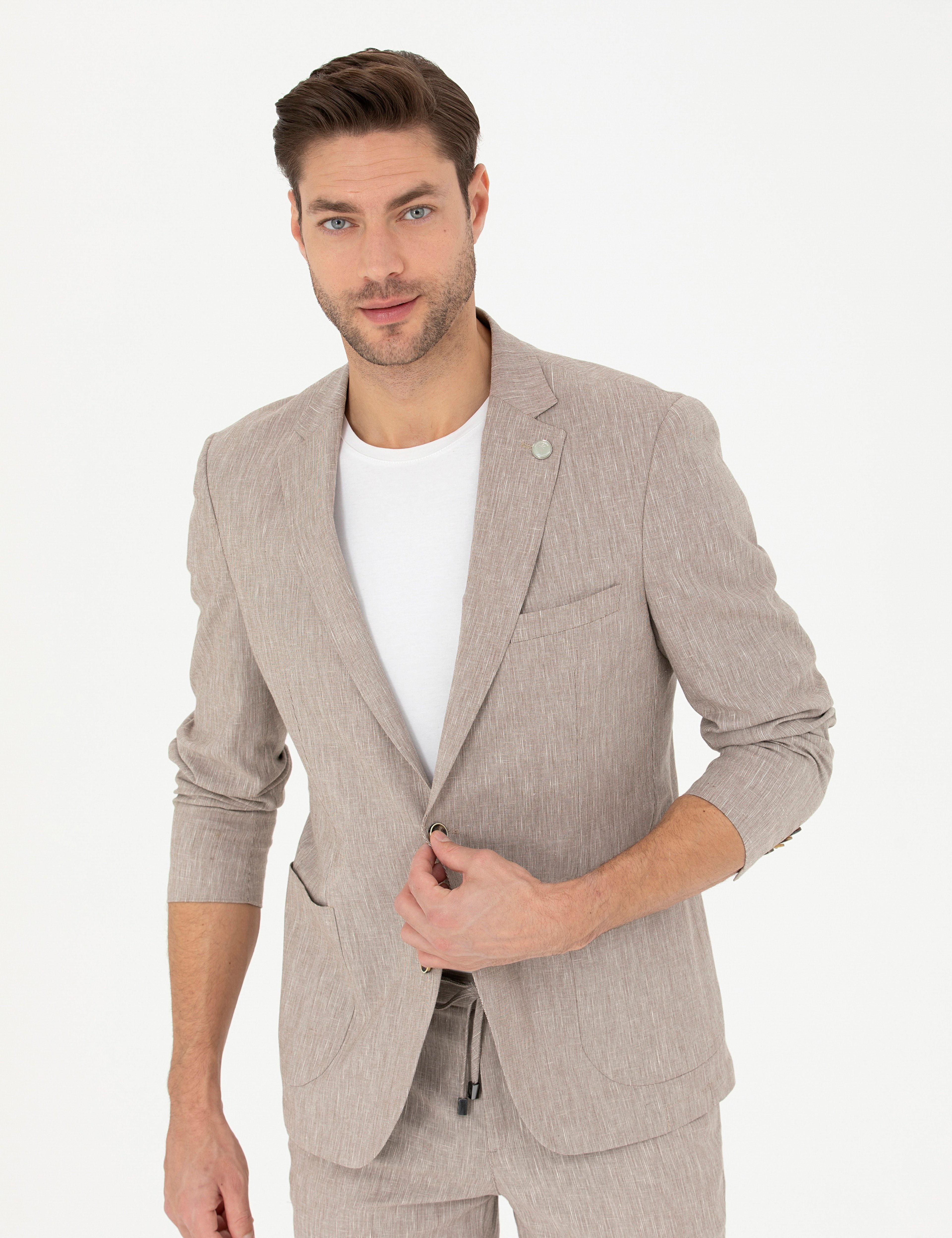 Açık Kahverengi Ex. Slim Fit Keten Karışımlı Ceket
