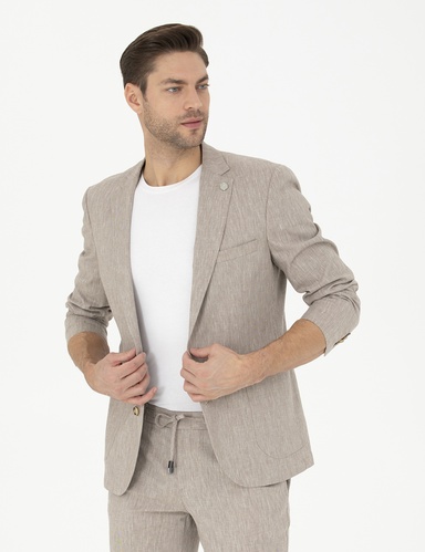 Açık Kahverengi Ex. Slim Fit Keten Karışımlı Ceket