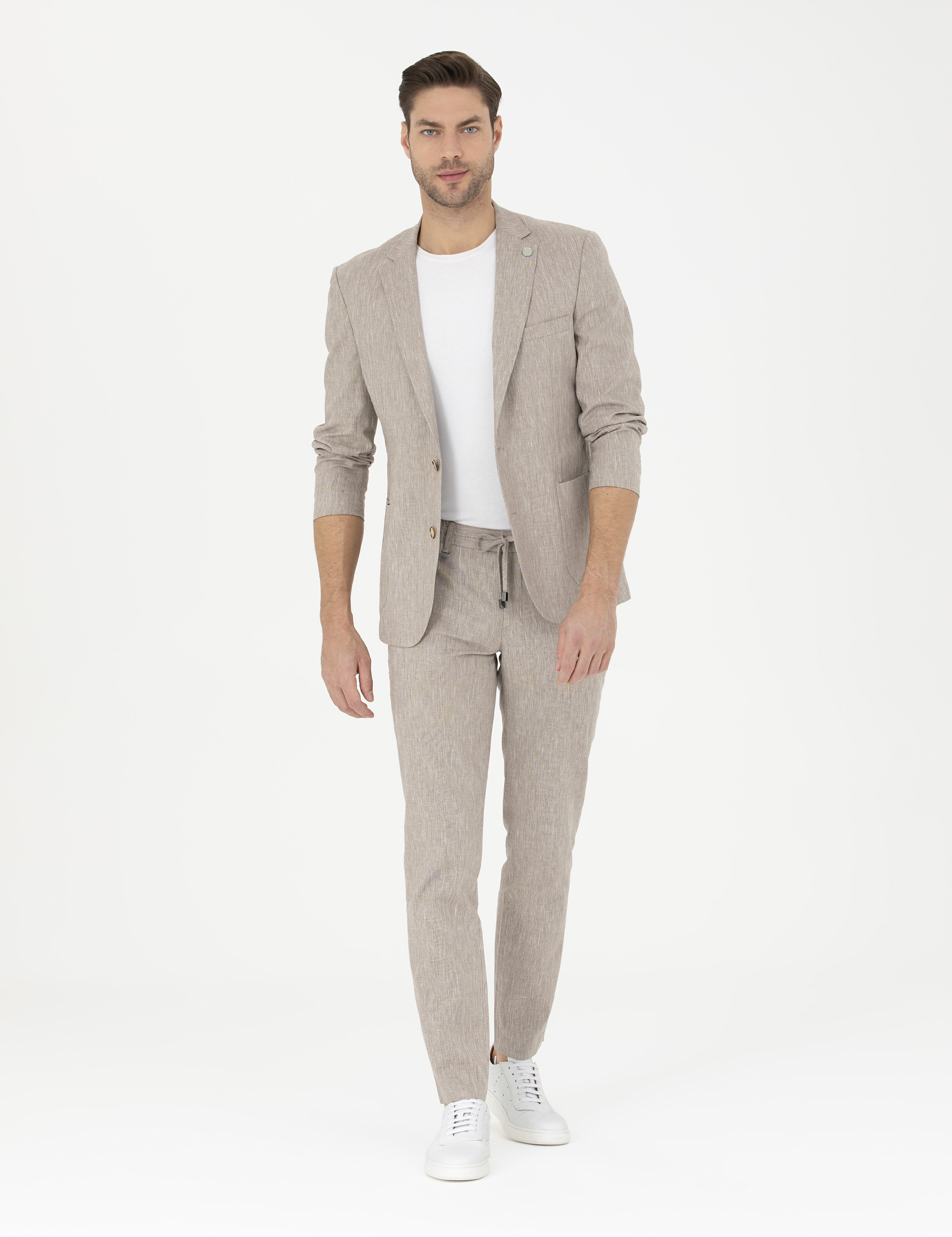 Açık Kahverengi Ex. Slim Fit Keten Karışımlı Ceket - Image 4