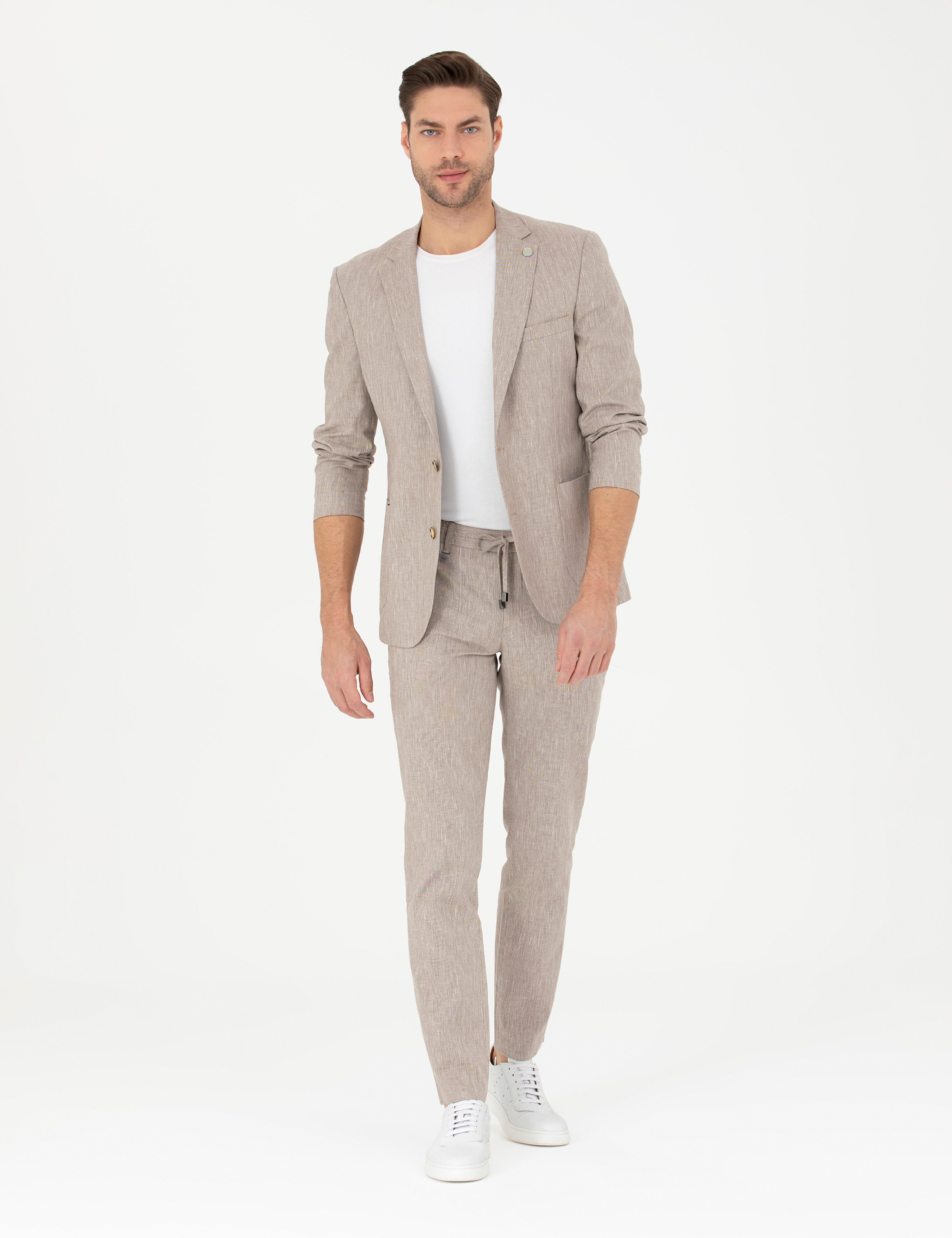 Açık Kahverengi Ex. Slim Fit Keten Karışımlı Ceket