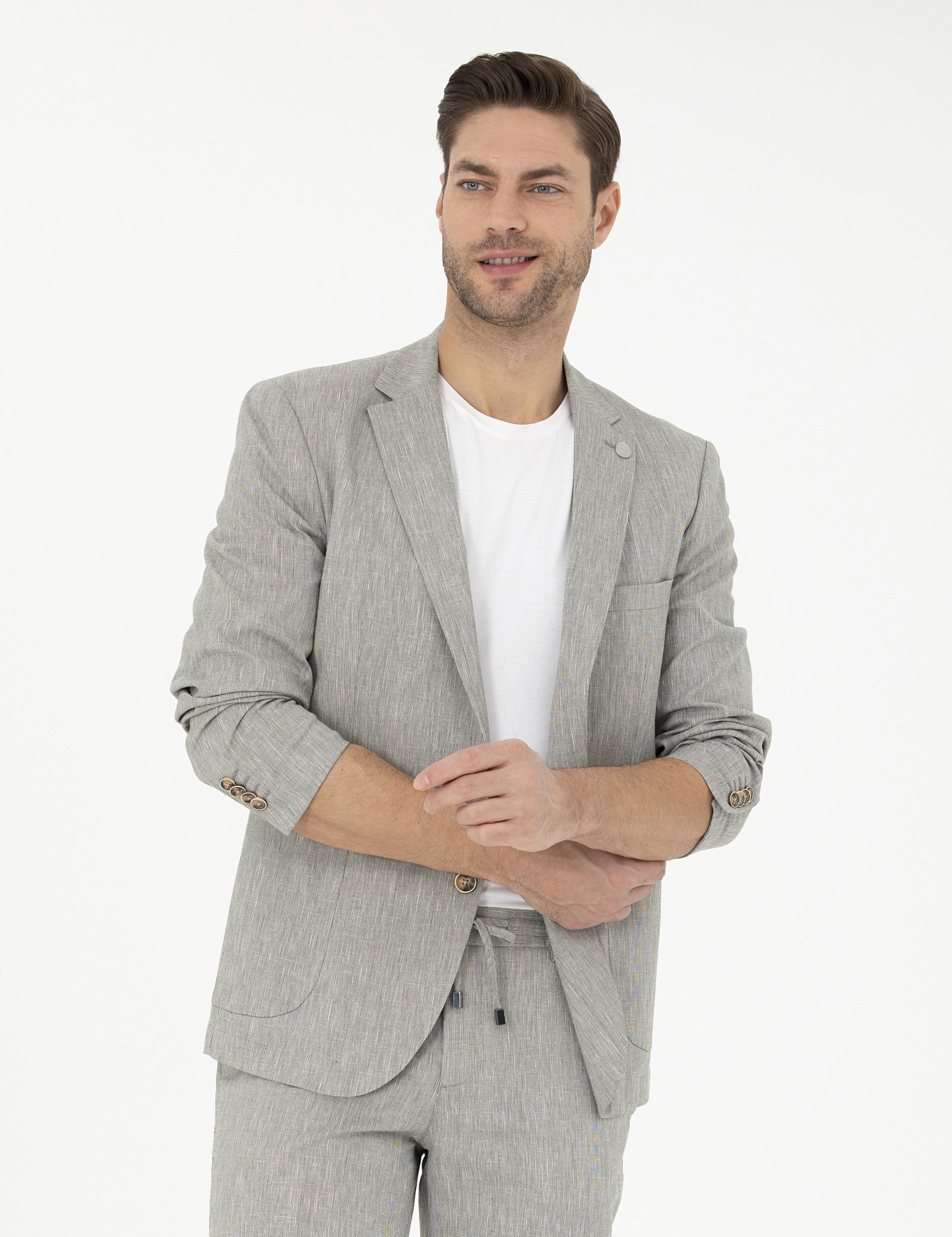 Açık Yeşil Ex. Slim Fit Keten Karışımlı Ceket