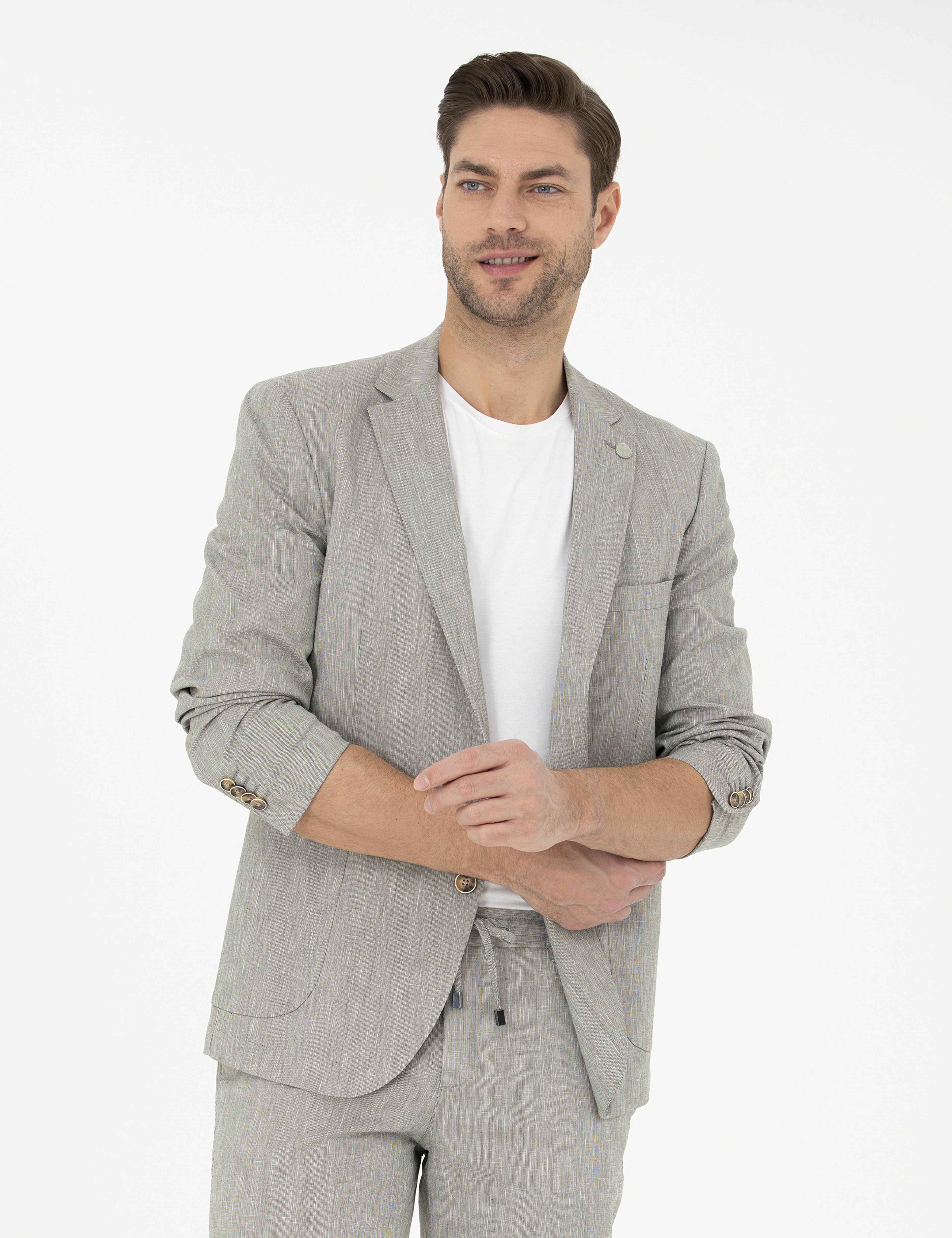 Açık Yeşil Ex. Slim Fit Keten Karışımlı Ceket
