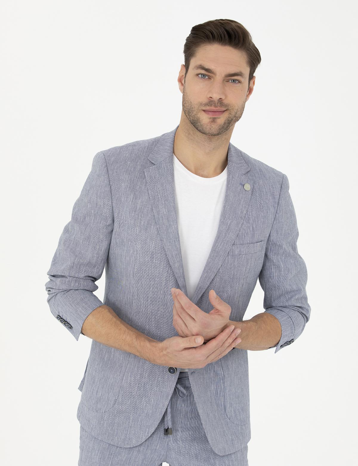 Koyu Mavi Ex. Slim Fit Keten Karışımlı Ceket - 50284935104