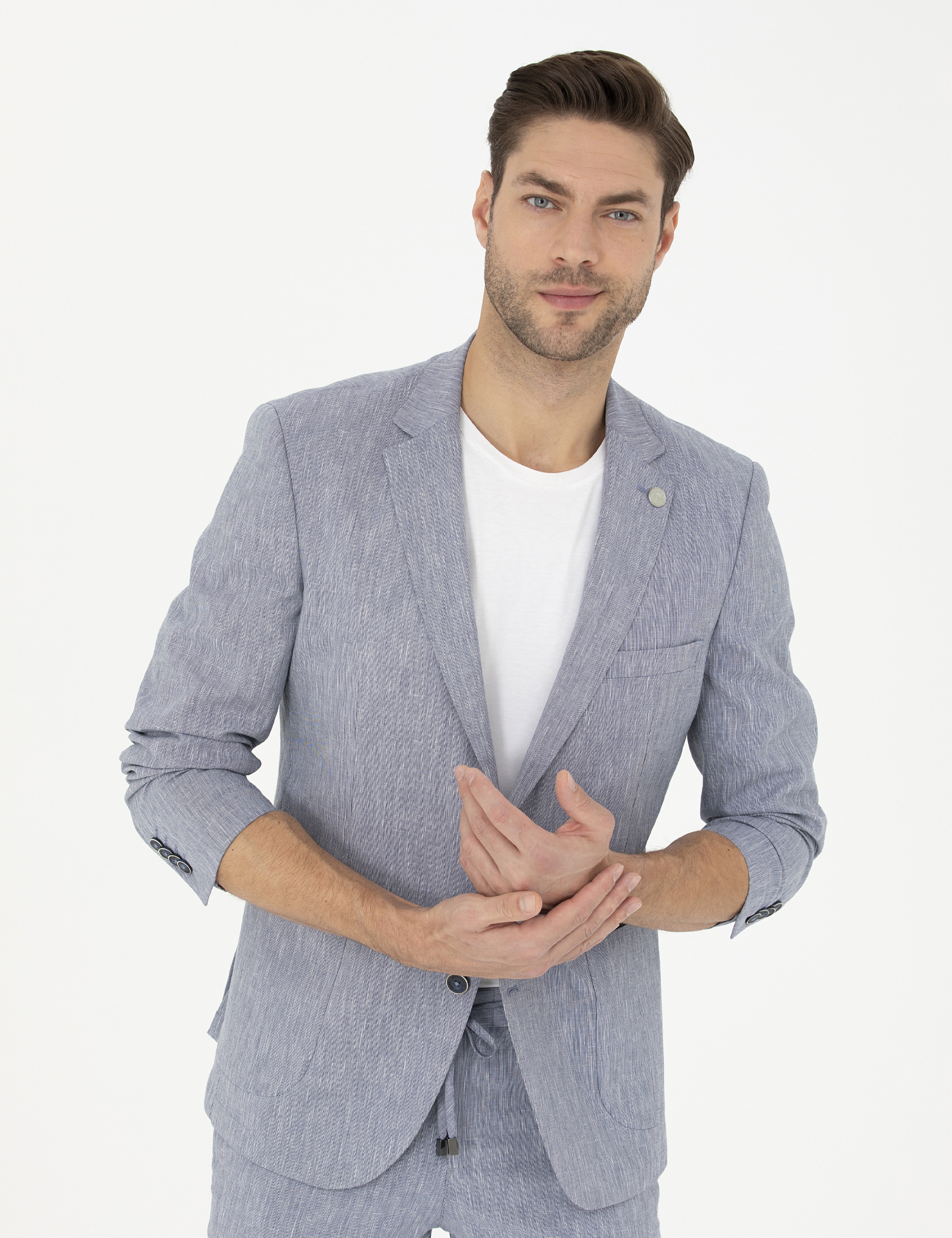 Koyu Mavi Ex. Slim Fit Keten Karışımlı Ceket - Image 3
