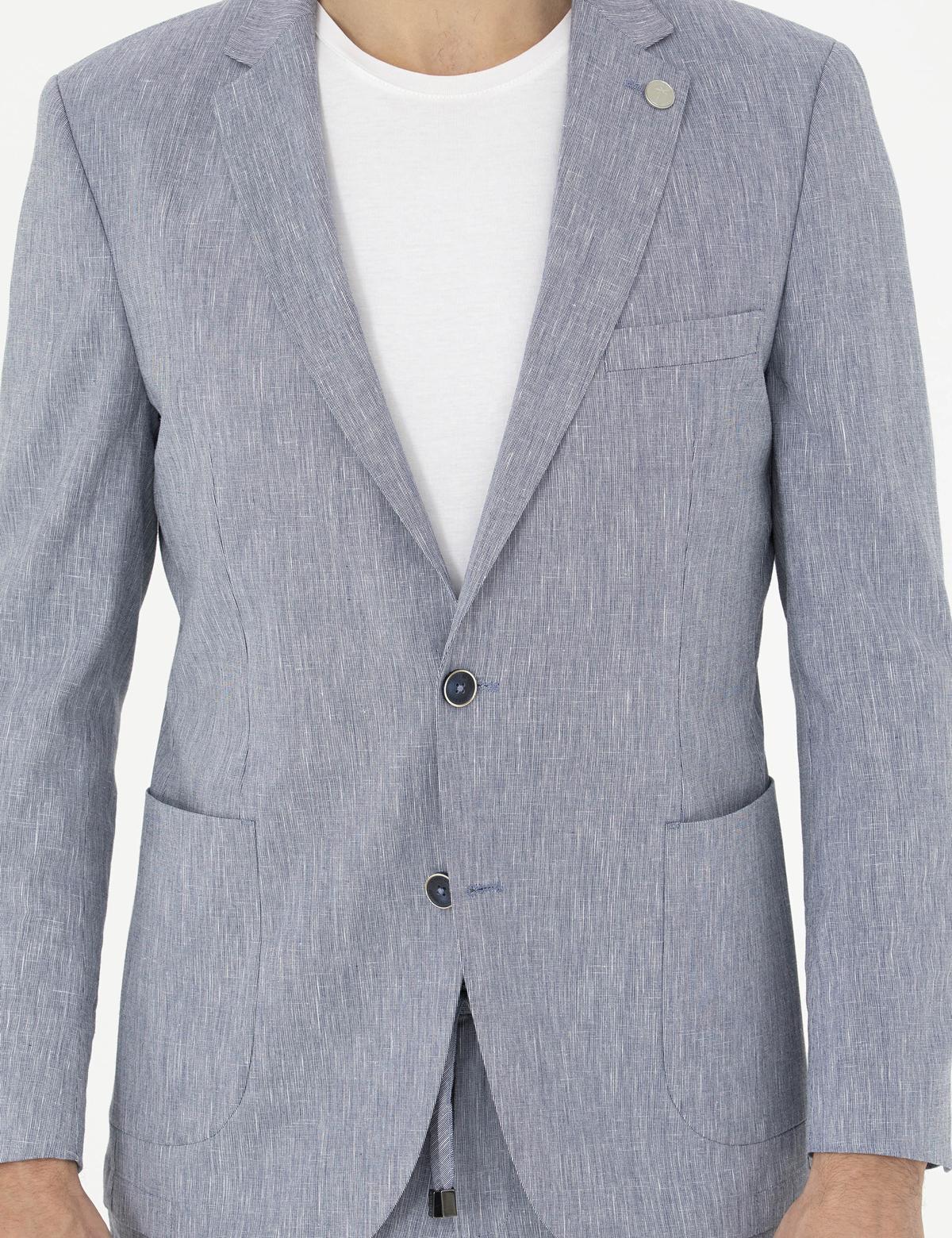 Koyu Mavi Ex. Slim Fit Keten Karışımlı Ceket - 50284935104