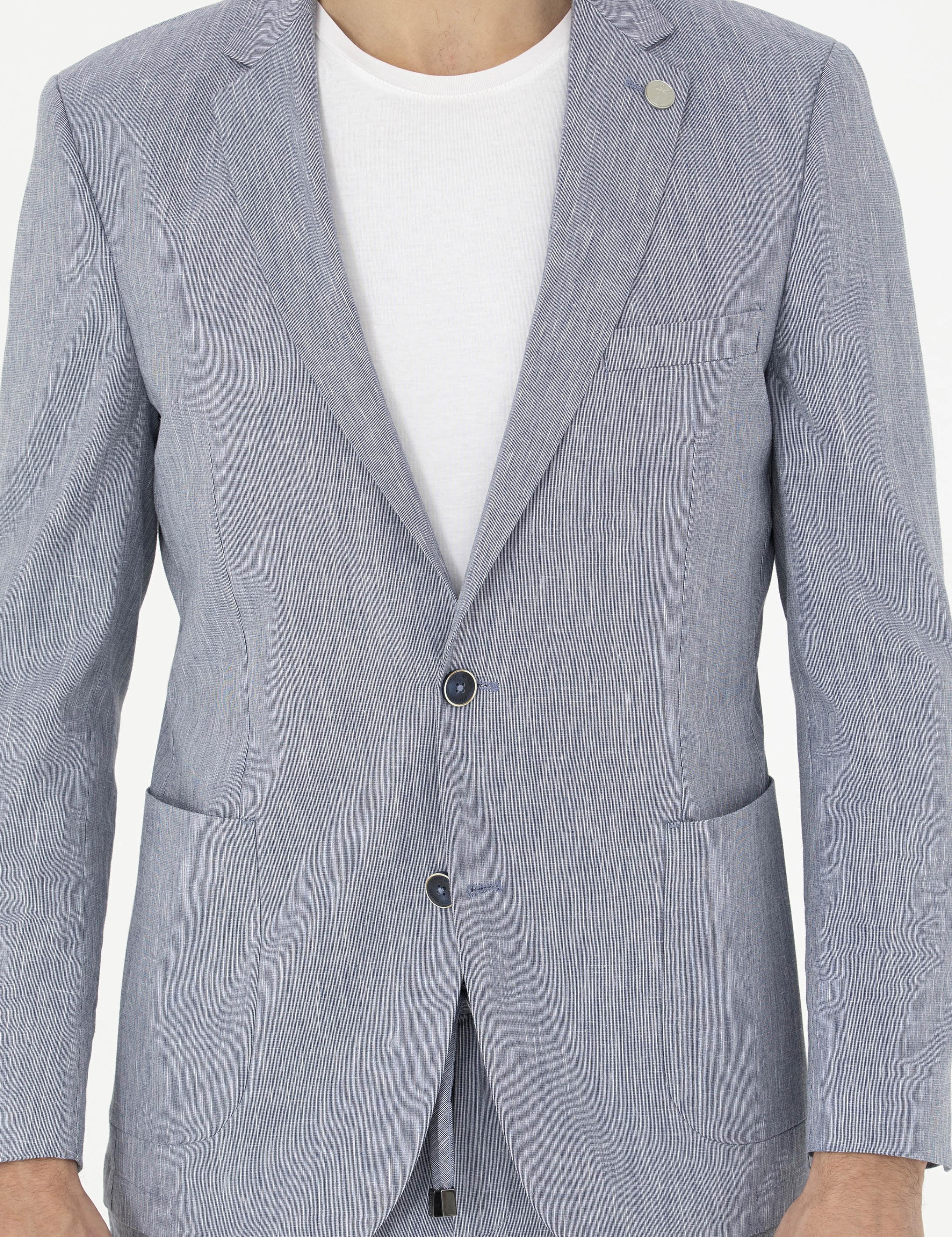 Koyu Mavi Ex. Slim Fit Keten Karışımlı Ceket