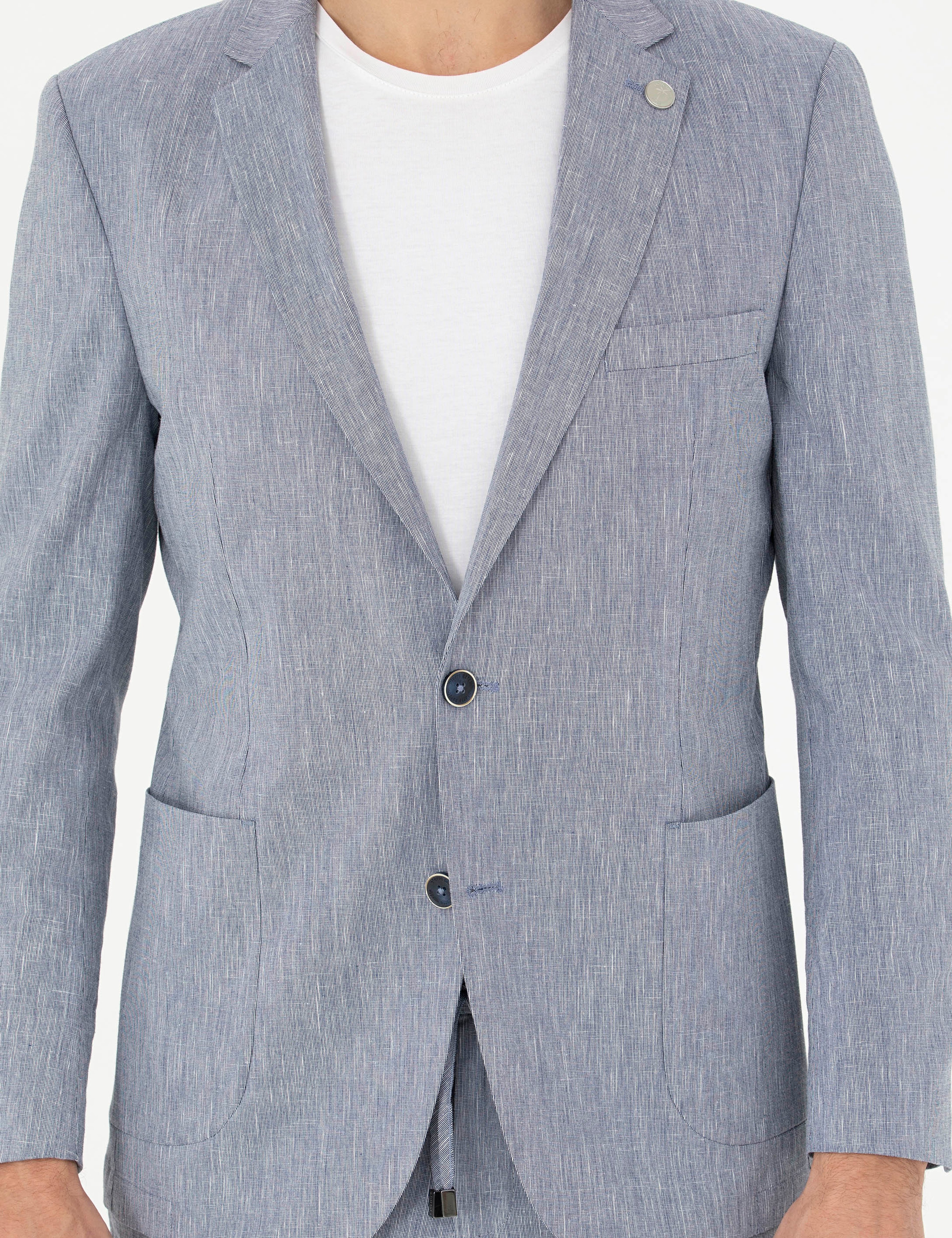Koyu Mavi Ex. Slim Fit Keten Karışımlı Ceket