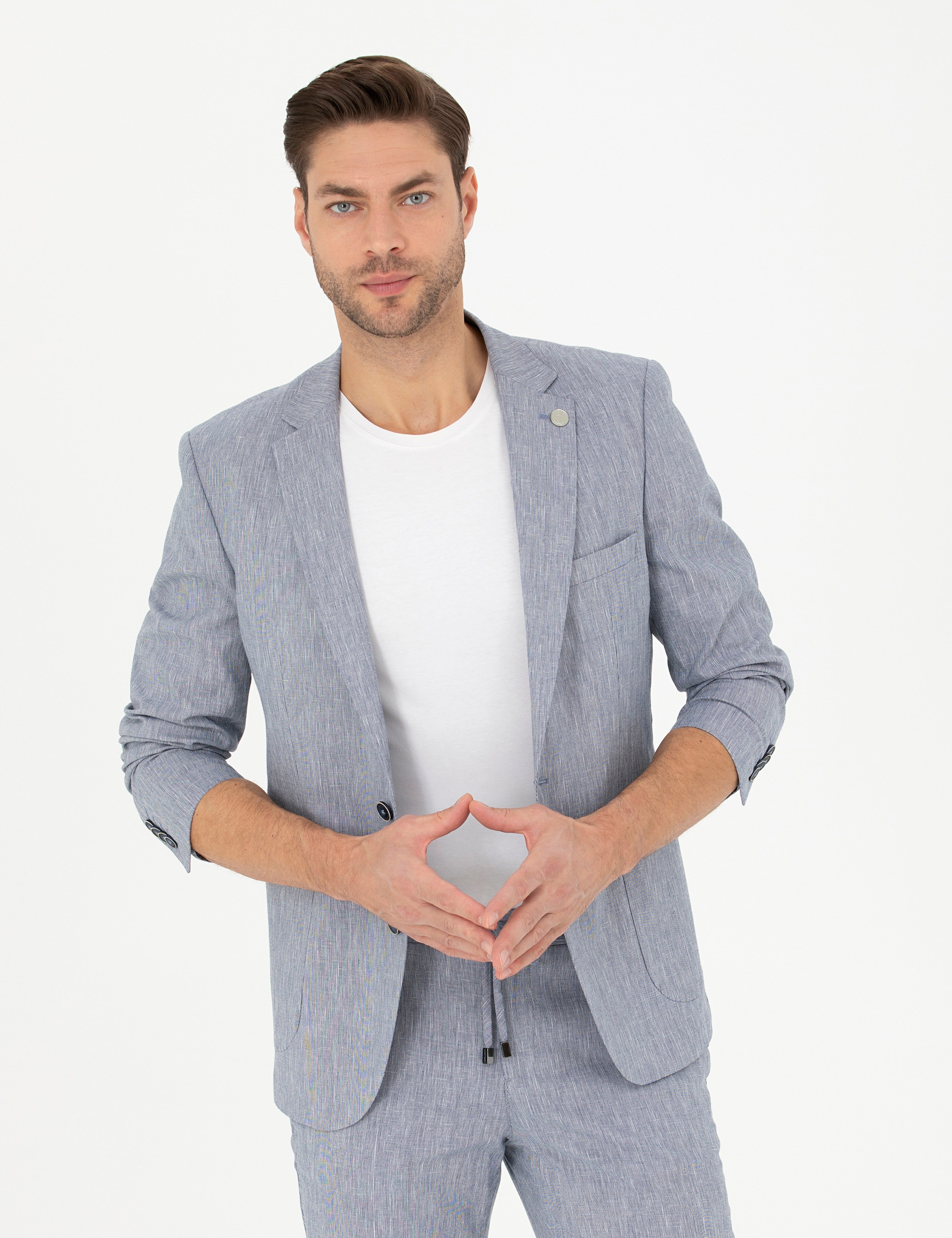 Koyu Mavi Ex. Slim Fit Keten Karışımlı Ceket - Image 1