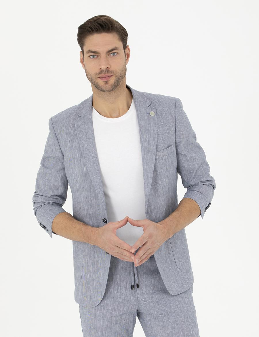 Koyu Mavi Ex. Slim Fit Keten Karışımlı Ceket