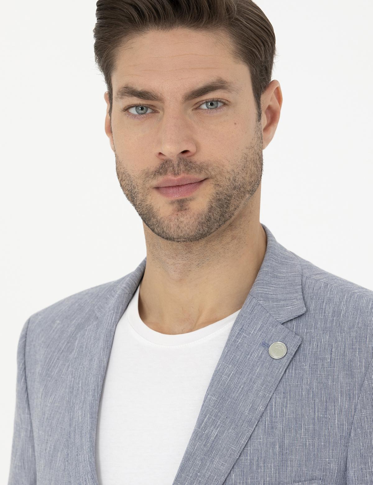 Koyu Mavi Ex. Slim Fit Keten Karışımlı Ceket - 50284935104