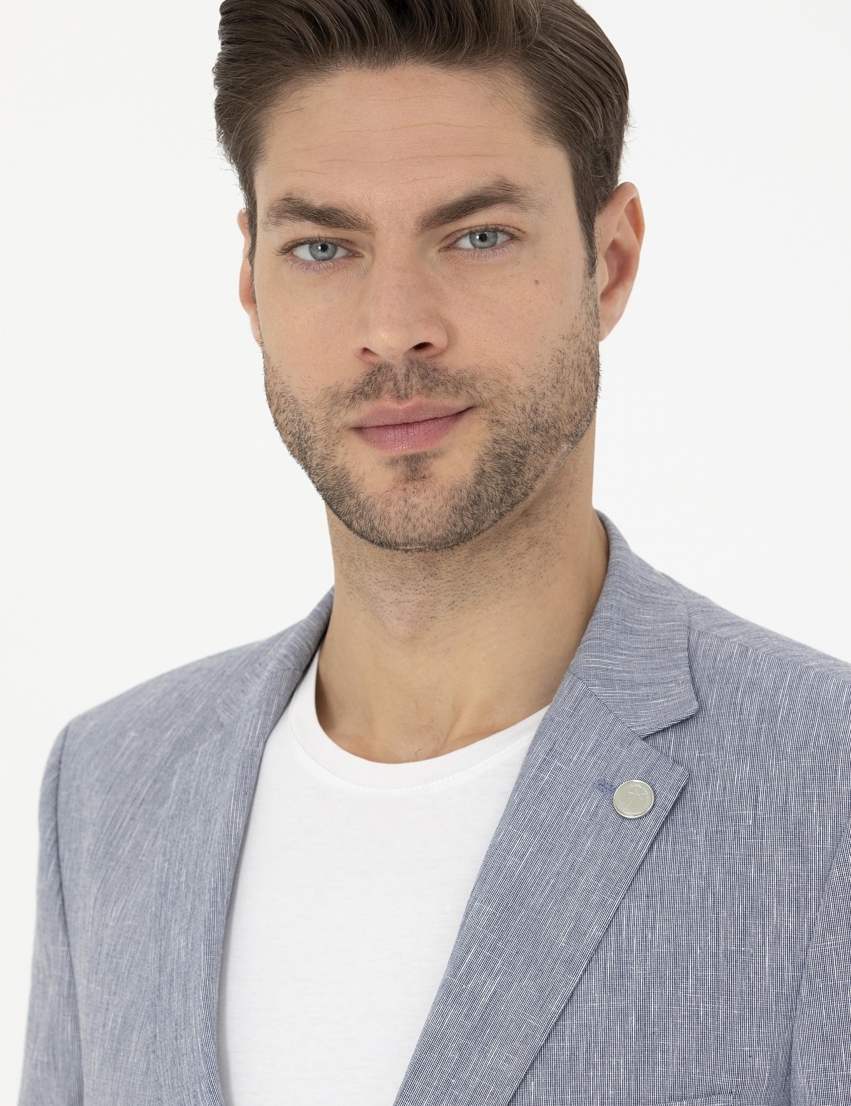 Koyu Mavi Ex. Slim Fit Keten Karışımlı Ceket