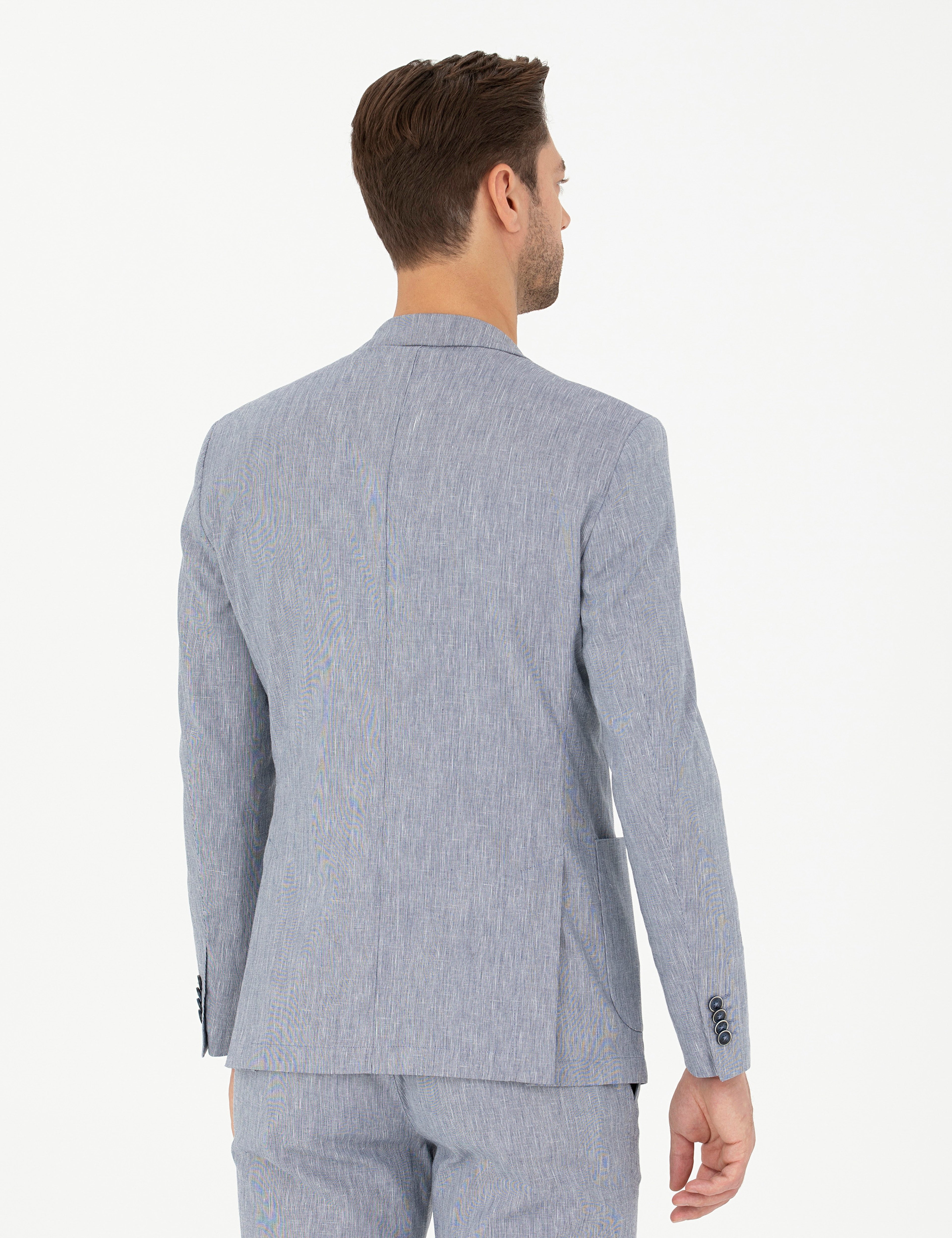 Koyu Mavi Ex. Slim Fit Keten Karışımlı Ceket