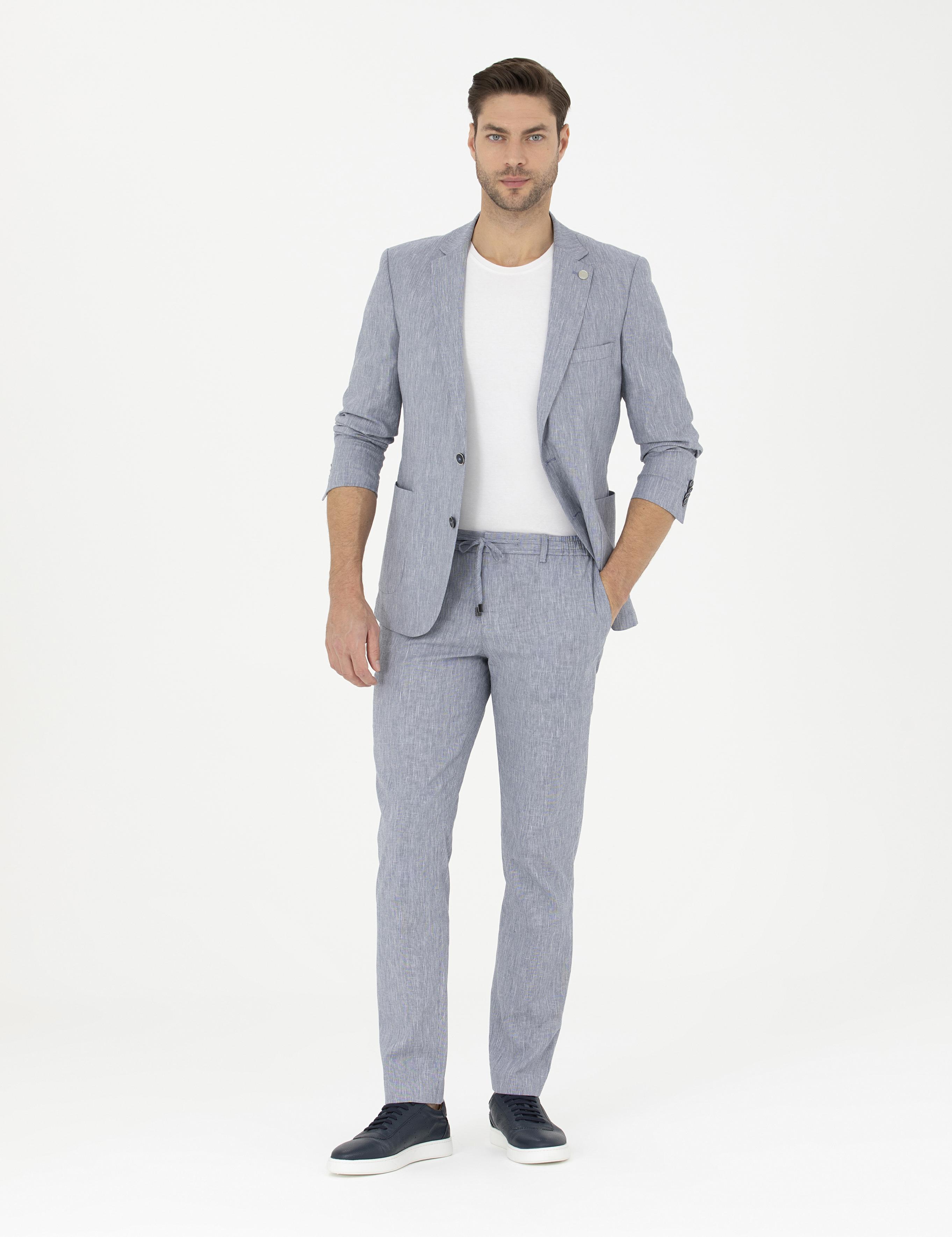 Koyu Mavi Ex. Slim Fit Keten Karışımlı Ceket