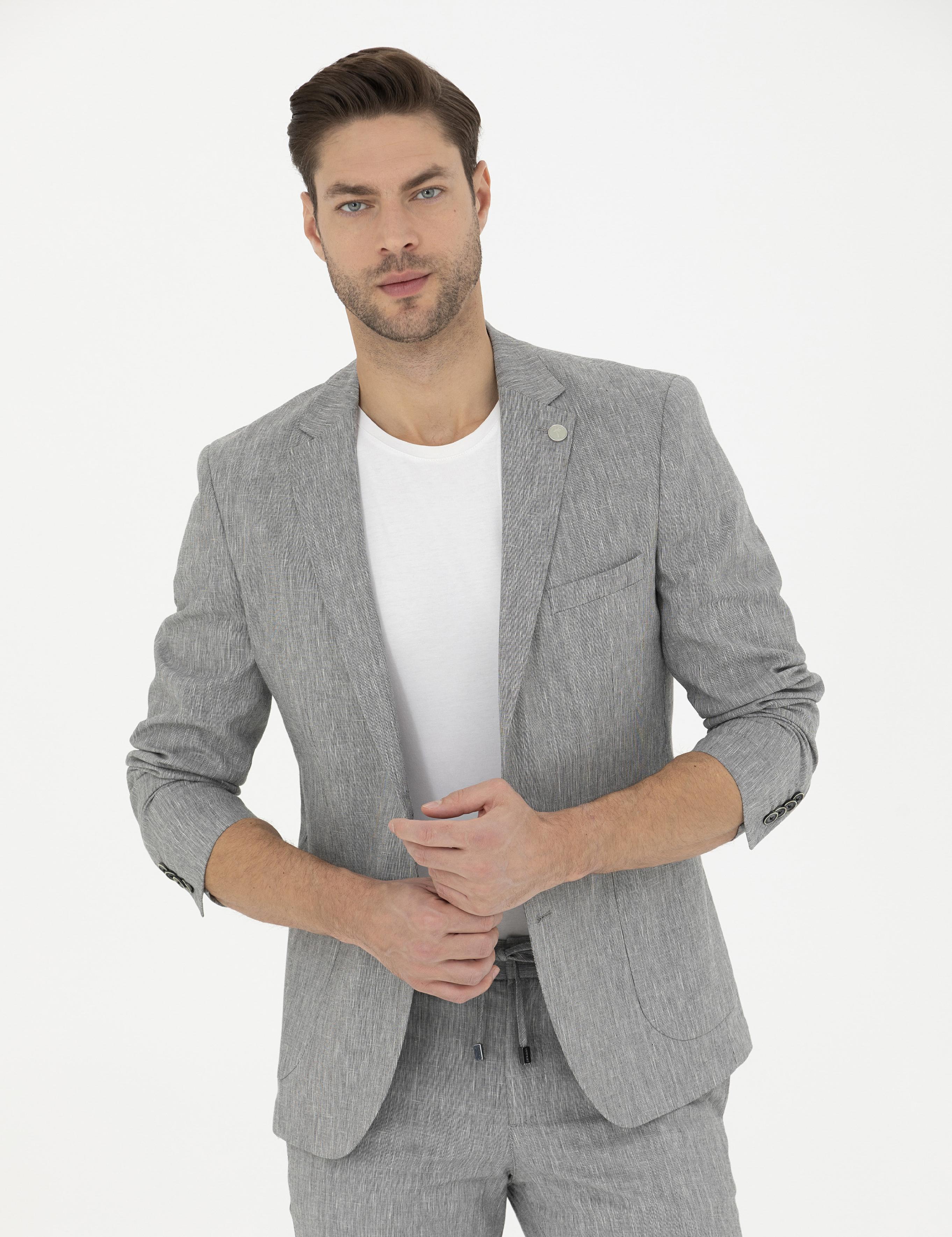 Gri Ex. Slim Fit Keten Karışımlı Ceket