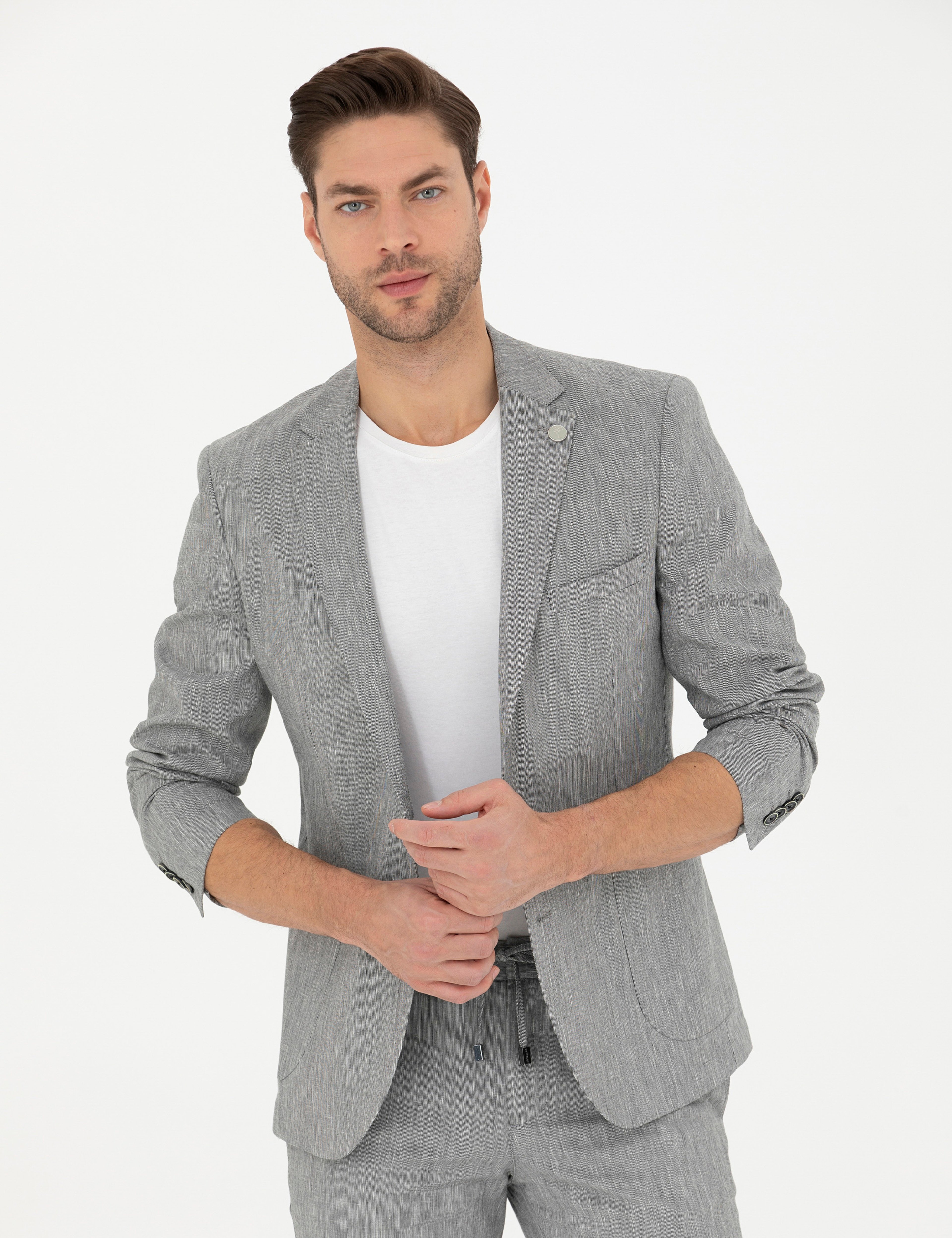 Gri Ex. Slim Fit Keten Karışımlı Ceket - Image 3