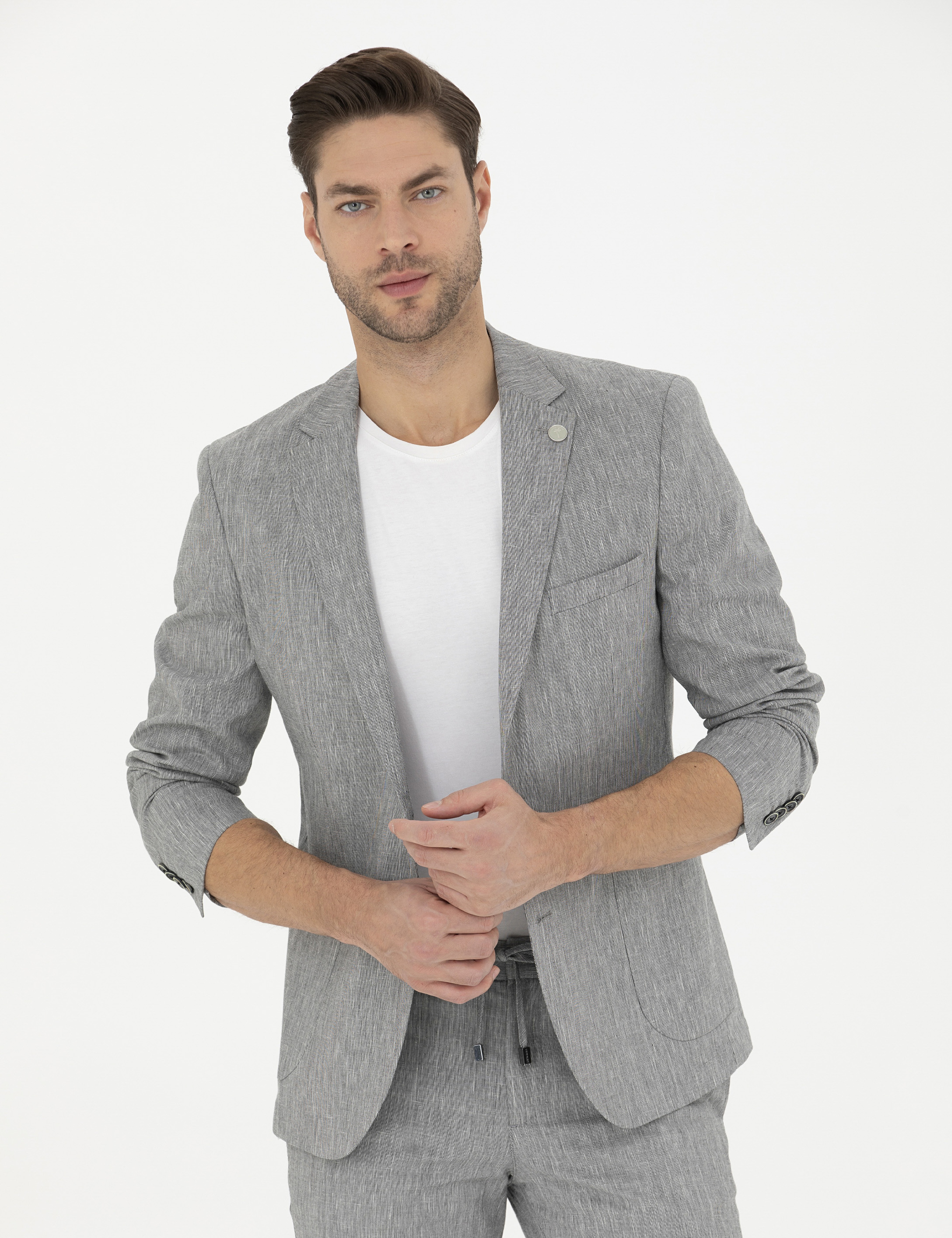 Gri Ex. Slim Fit Keten Karışımlı Ceket
