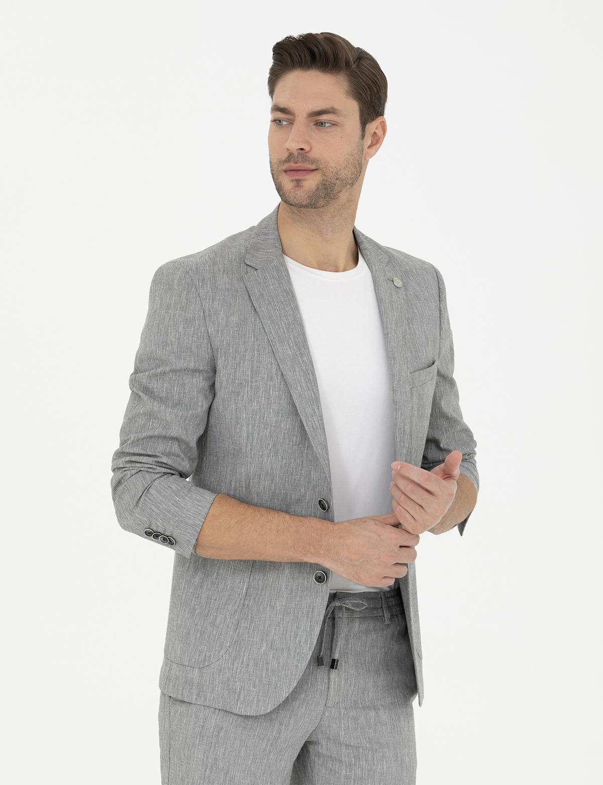 Gri Ex. Slim Fit Keten Karışımlı Ceket