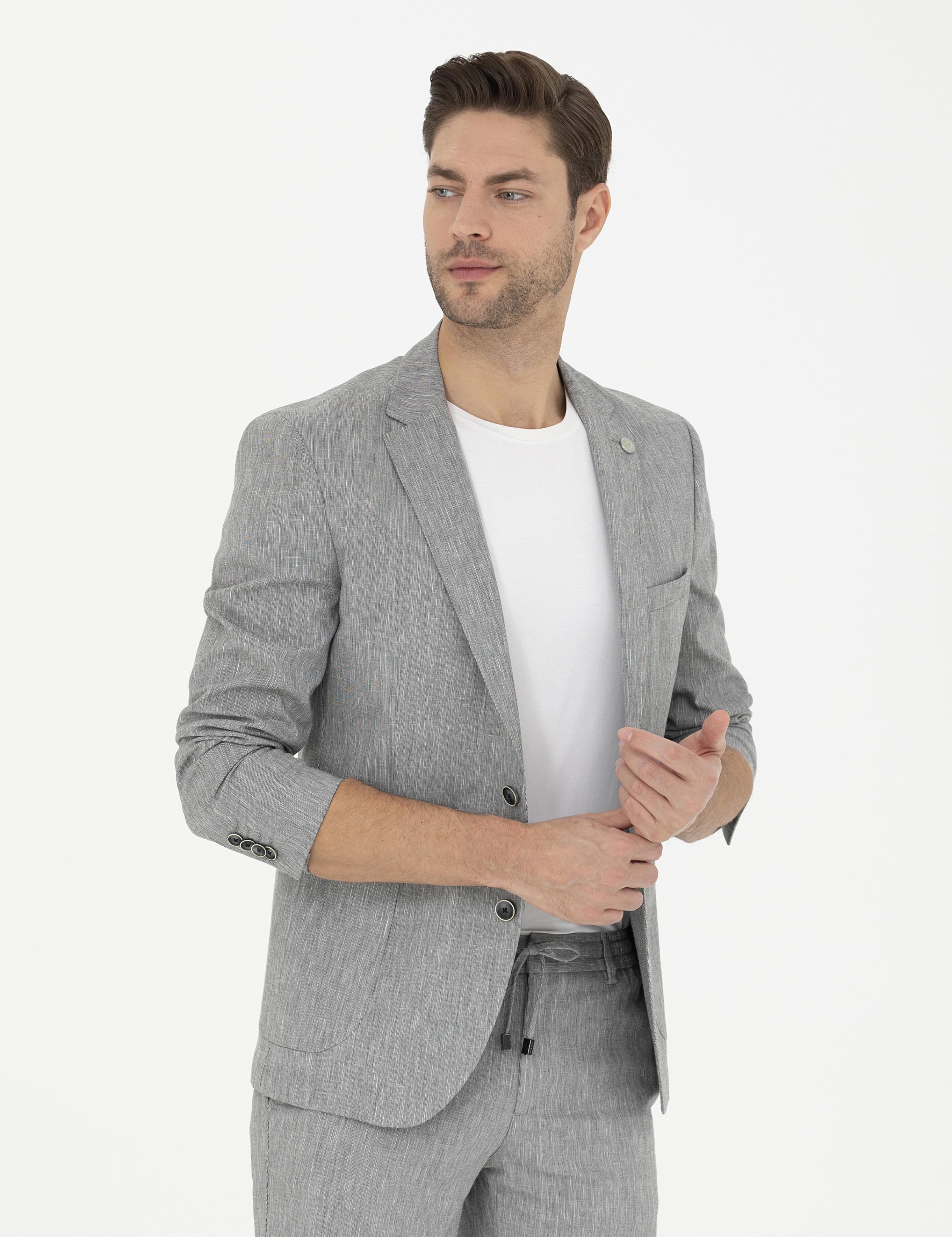 Gri Ex. Slim Fit Keten Karışımlı Ceket