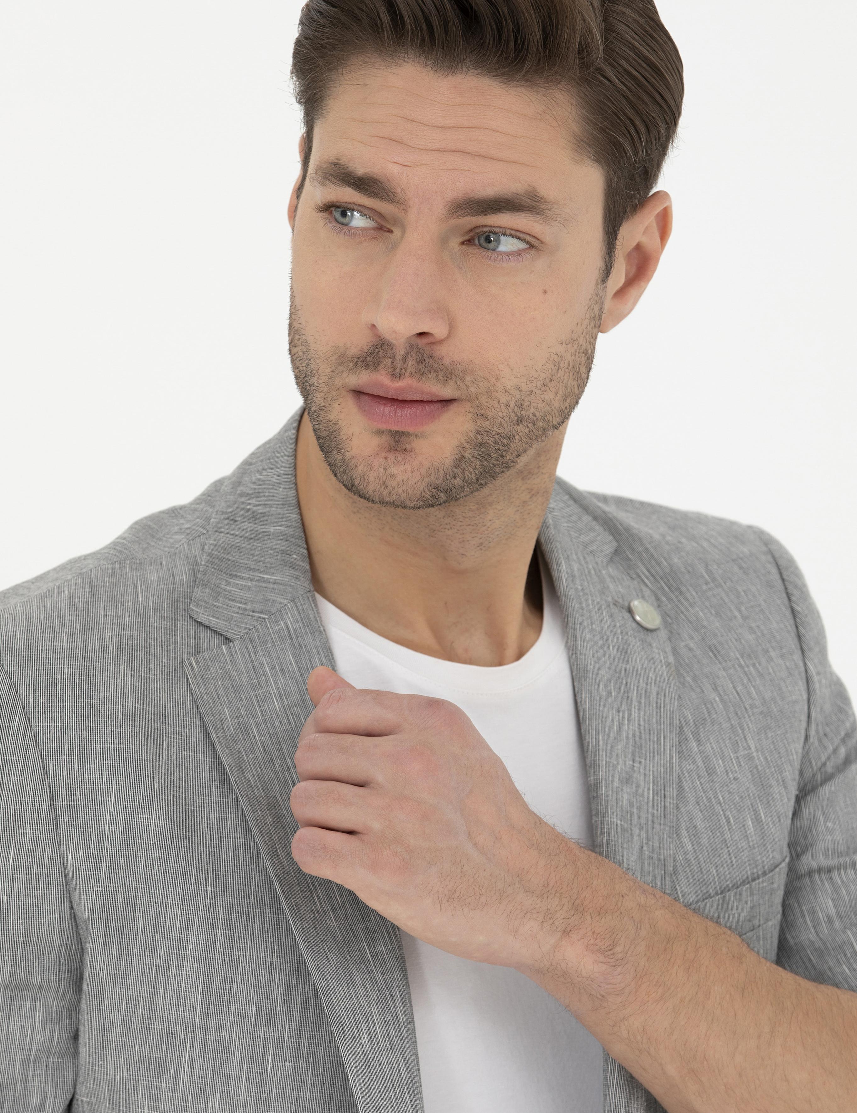 Gri Ex. Slim Fit Keten Karışımlı Ceket