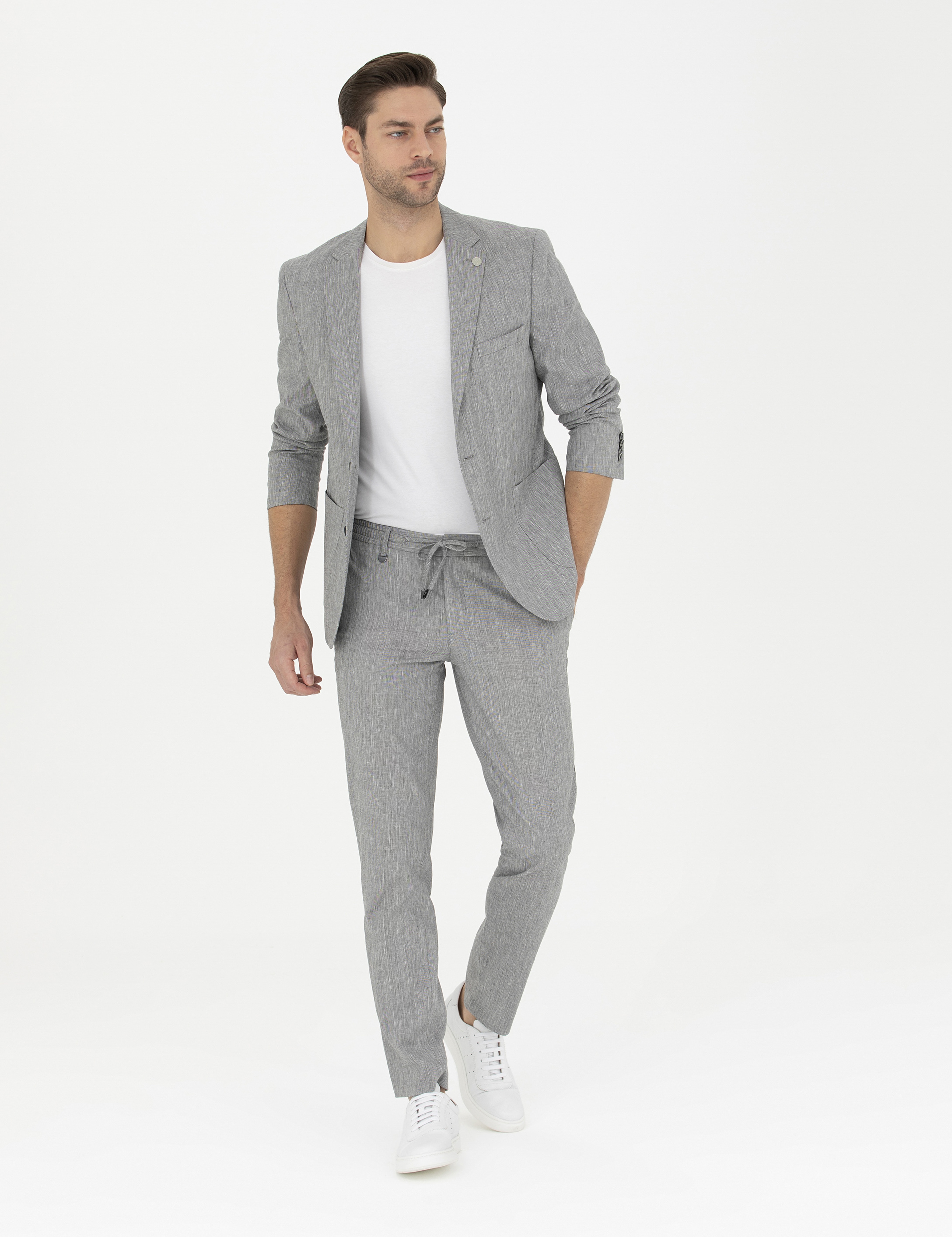 Gri Ex. Slim Fit Keten Karışımlı Ceket - Image 4